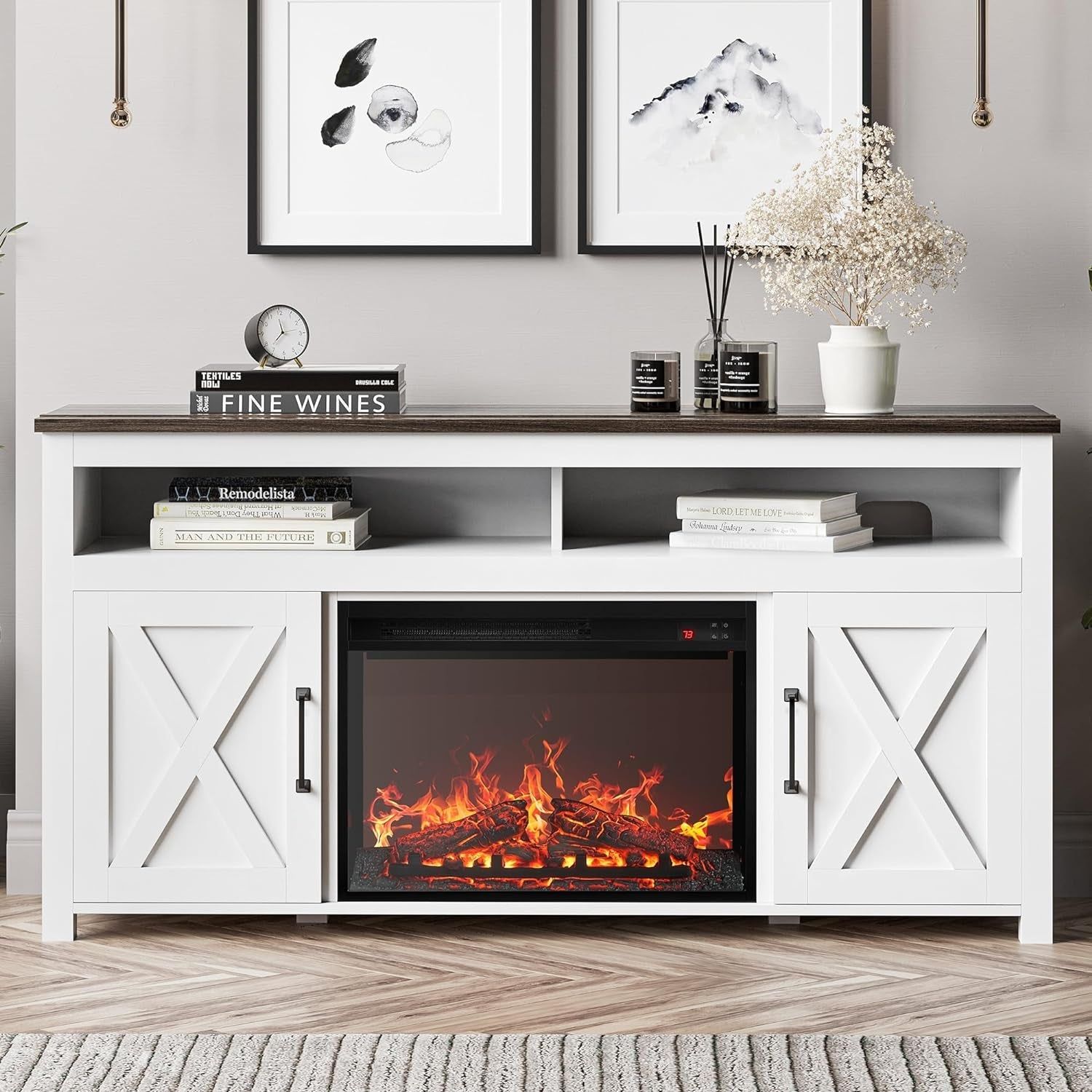 58&quot; White Farmhouse Fireplace TV Stand for 65&quot; TV