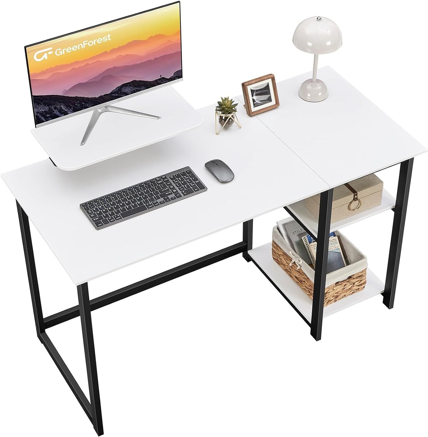 Computer Desk with Monitor Stand and Reversible Storage Shelves,39 Inch Small Home Office Writing Study Desk for Small Spaces,White
