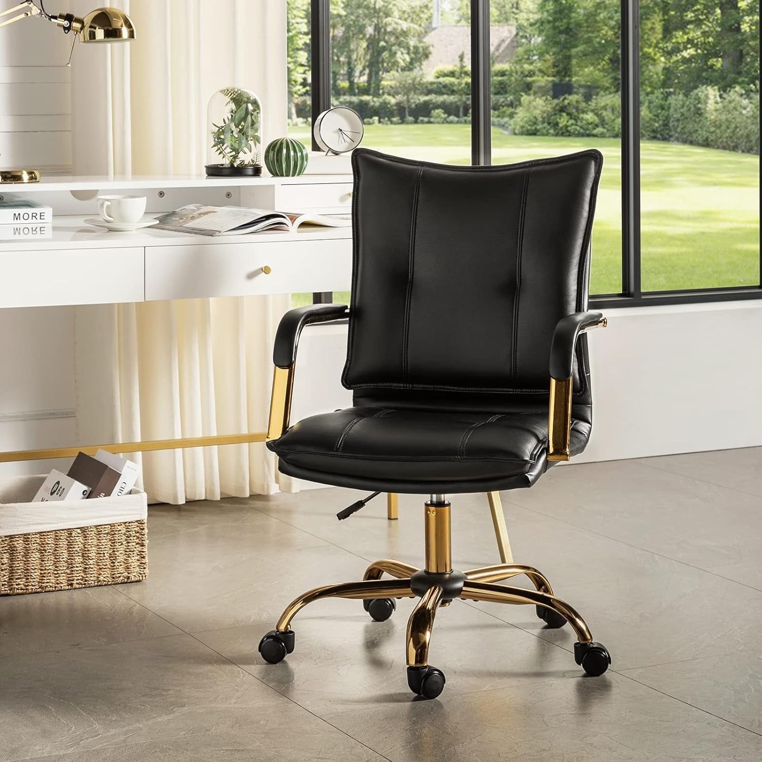 Faux Leather Home Office Desk Chair, Adjustable Swivel Computer Chair with Golden Legs and Arms, Comfy Upholstered Task Chair, Black