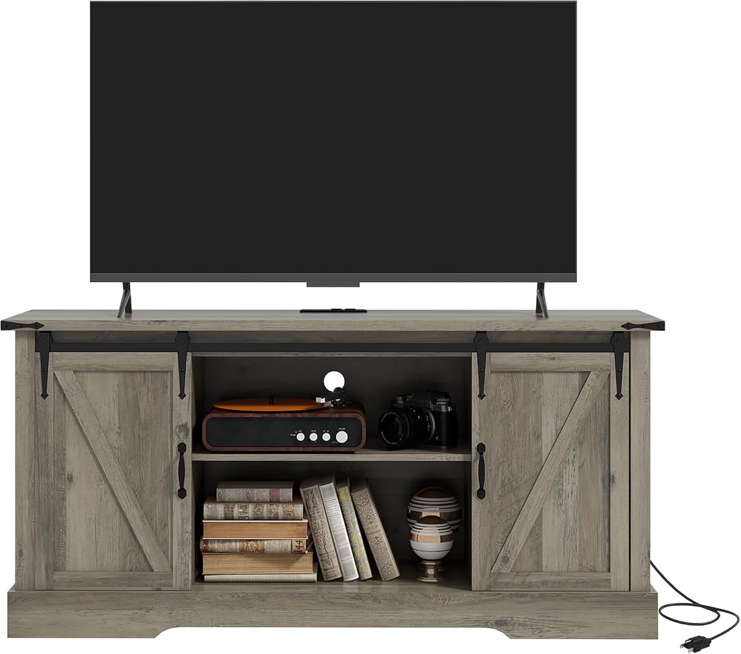 TV Stand Cabinet for Tvs up to 65 Inch, Entertainment Center with Charging Station, 59&quot; Farmhouse Media TV Console Table with Sliding Barn Doors, Adjustable Shelves, Gray