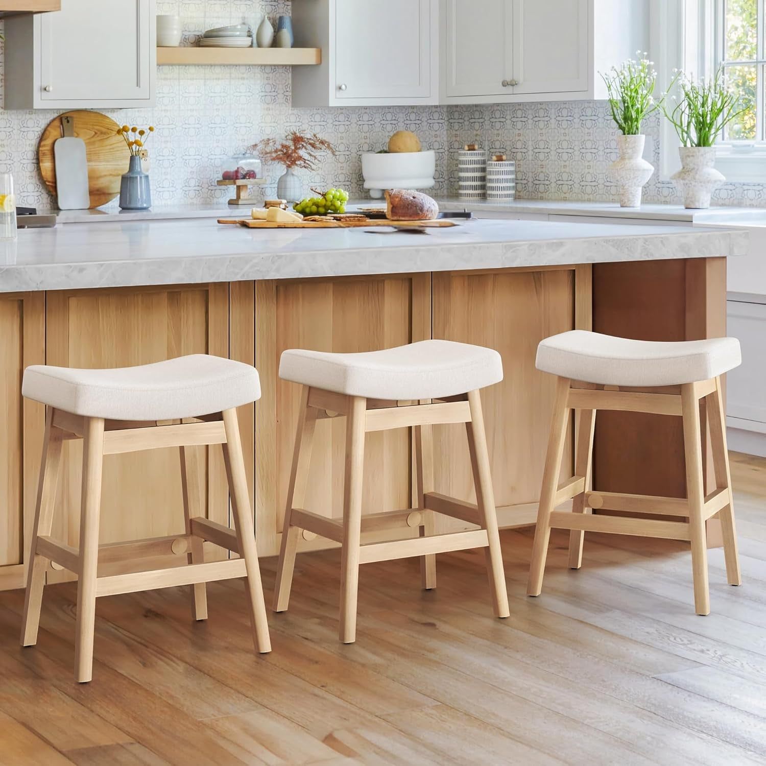 Bar Stools Set of 3, Barstools with Sturdy Wood Legs, Saddle Seat Counter Height Bar Stools for Kitchen Counter, Bar, Dining, 24 Inch Farmhouse Counter Stools, Beige