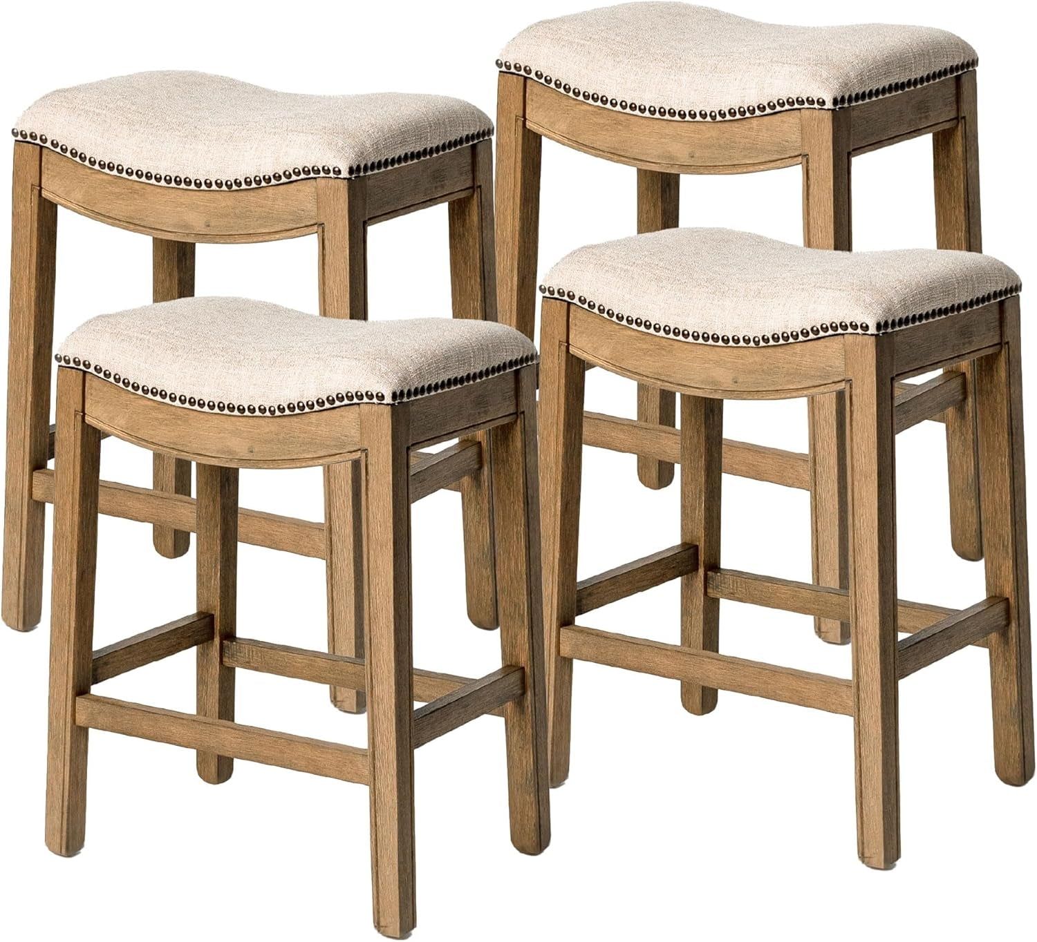 Adrien 26 Inch Counter Height Upholstered Backless Saddle Barstool in Natural Wood Finish with Wheat Cream Fabric Cushion Seat, Set of 4