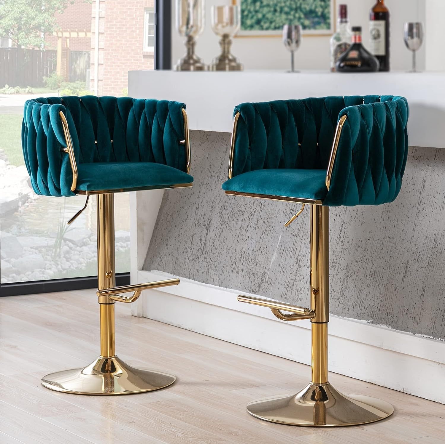 Modern Swivel Bar Stools Set of 2, Velvet Adjustable Height Barstool with Barrel Back Kitchen Island Counter Bar Chair with Golden Base, Teal Green
