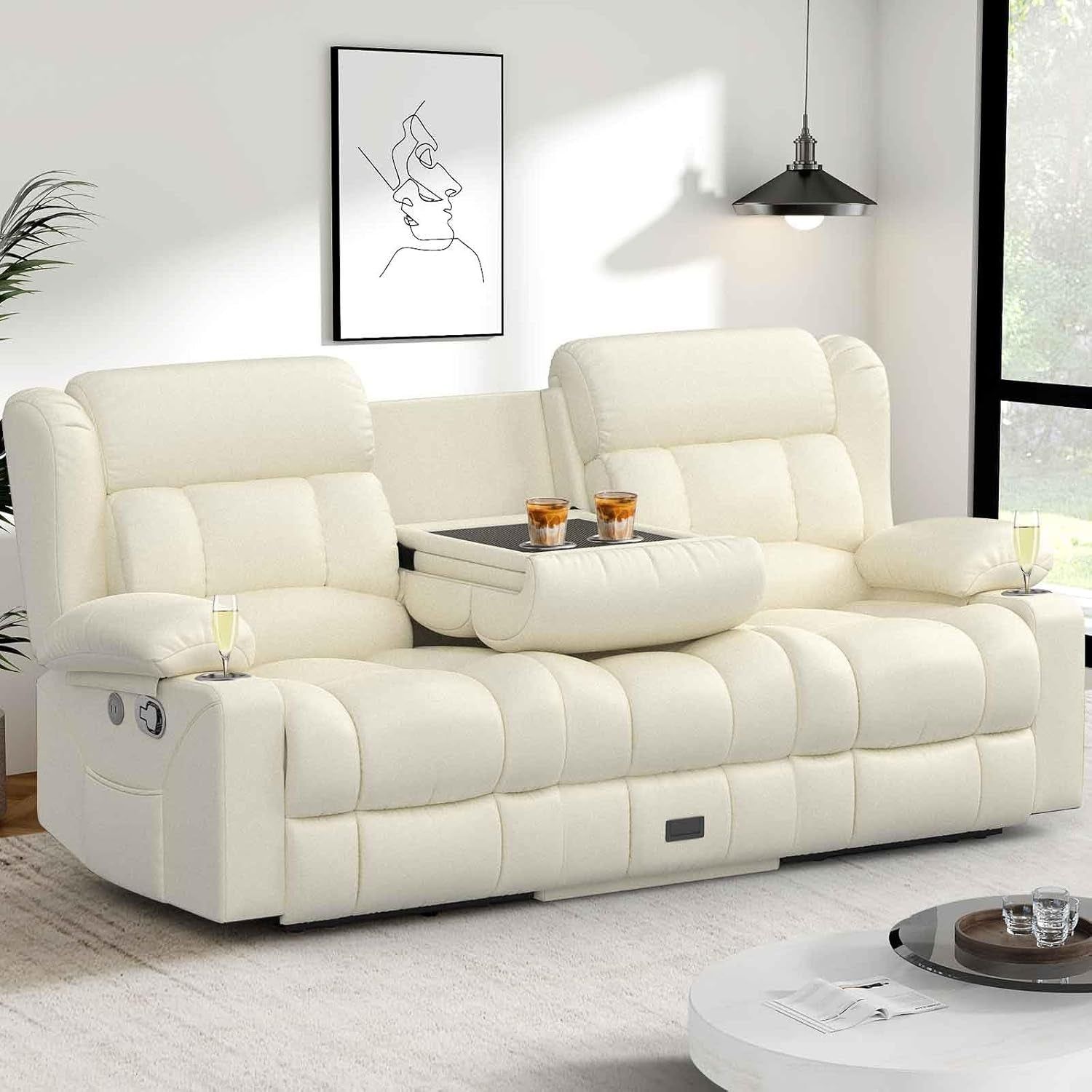 Loveseat Recliner Sofa, Flip Middle Backrest Design PU Leather 3 Seat Reclining Sofa with Storage Drawer, Manual Couch for Living Room (Ivory White, PU)