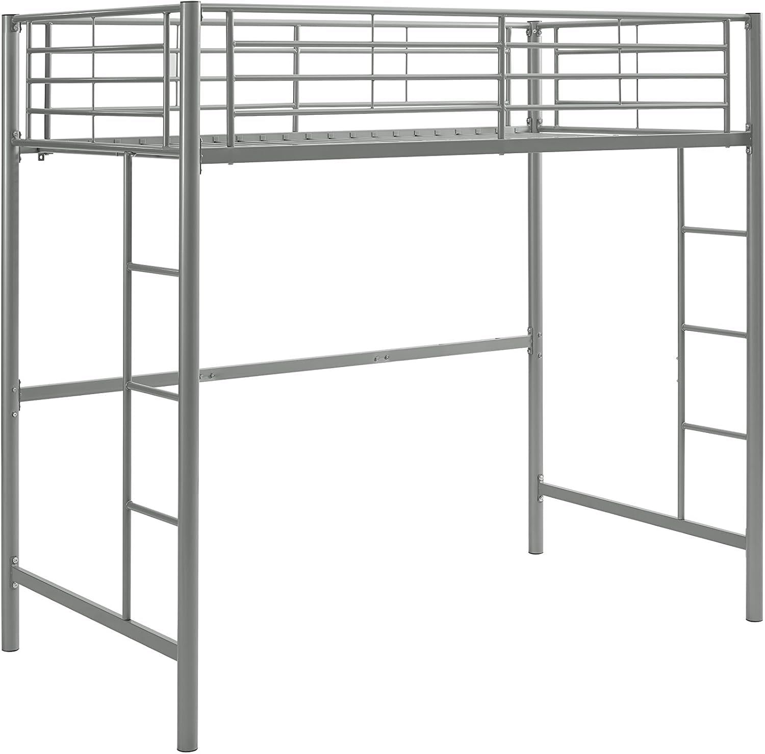 Silver Metal Twin over Loft Bunk Bed Twin Size Bedframe with Ladder