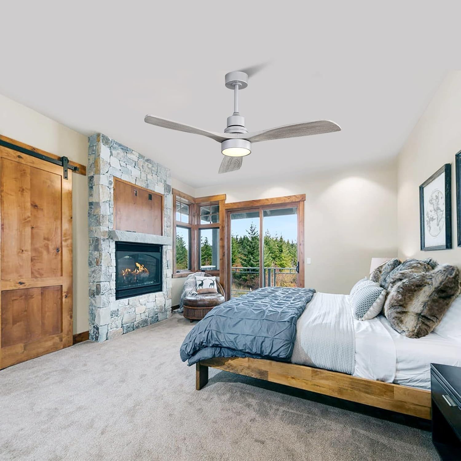 52 Inch Ceiling Fan with Lights, Low Profile Flush Mount Mordern Wood Ceiling Fan with Remote for Indoor Farmhouse Bedroom Living Room Outdoor Patio Porch, Reversible DC Motor, Noiseless