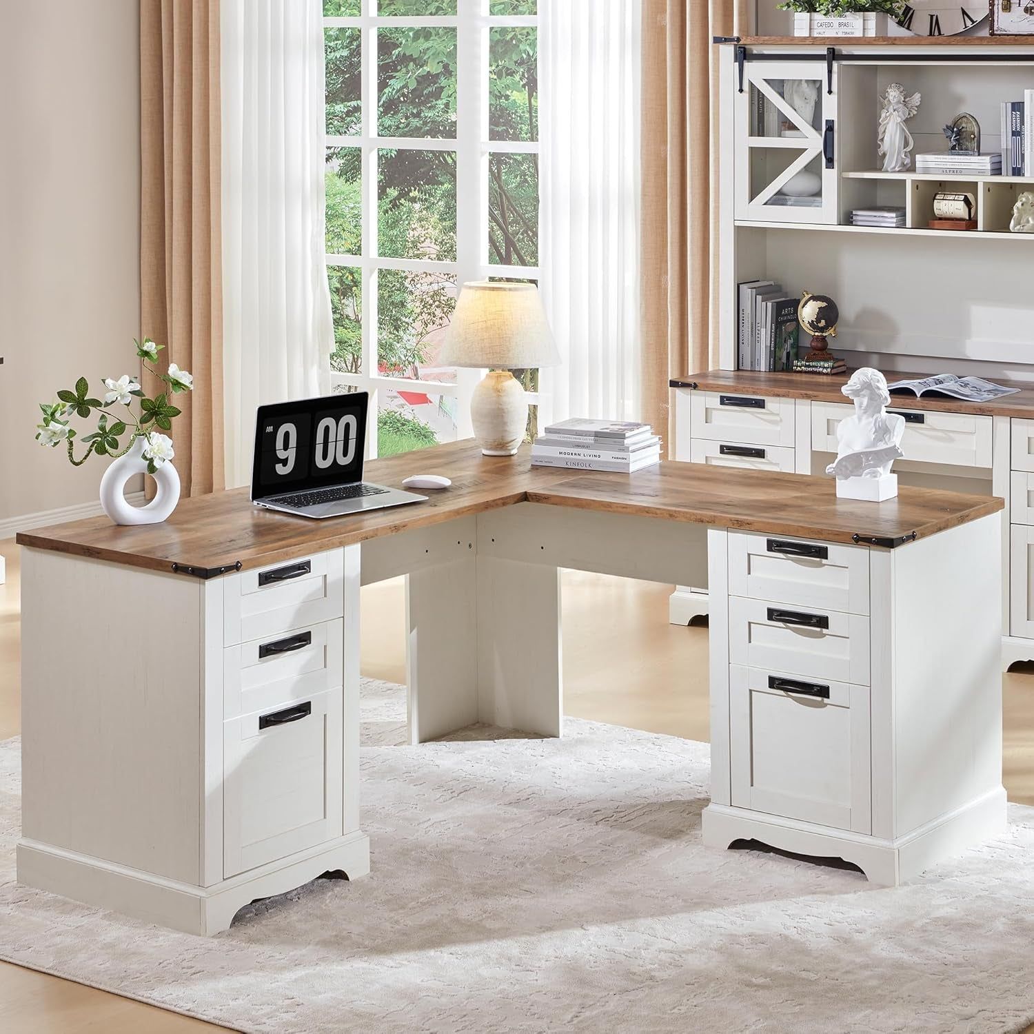 60&quot; Farmhouse L Shaped Executive Desk with Drawers, Wood Home Office Corner Desk with Charging Station, File Drawer, Storage Cabinet, Rustic Computer Writing Desk (Antique White)