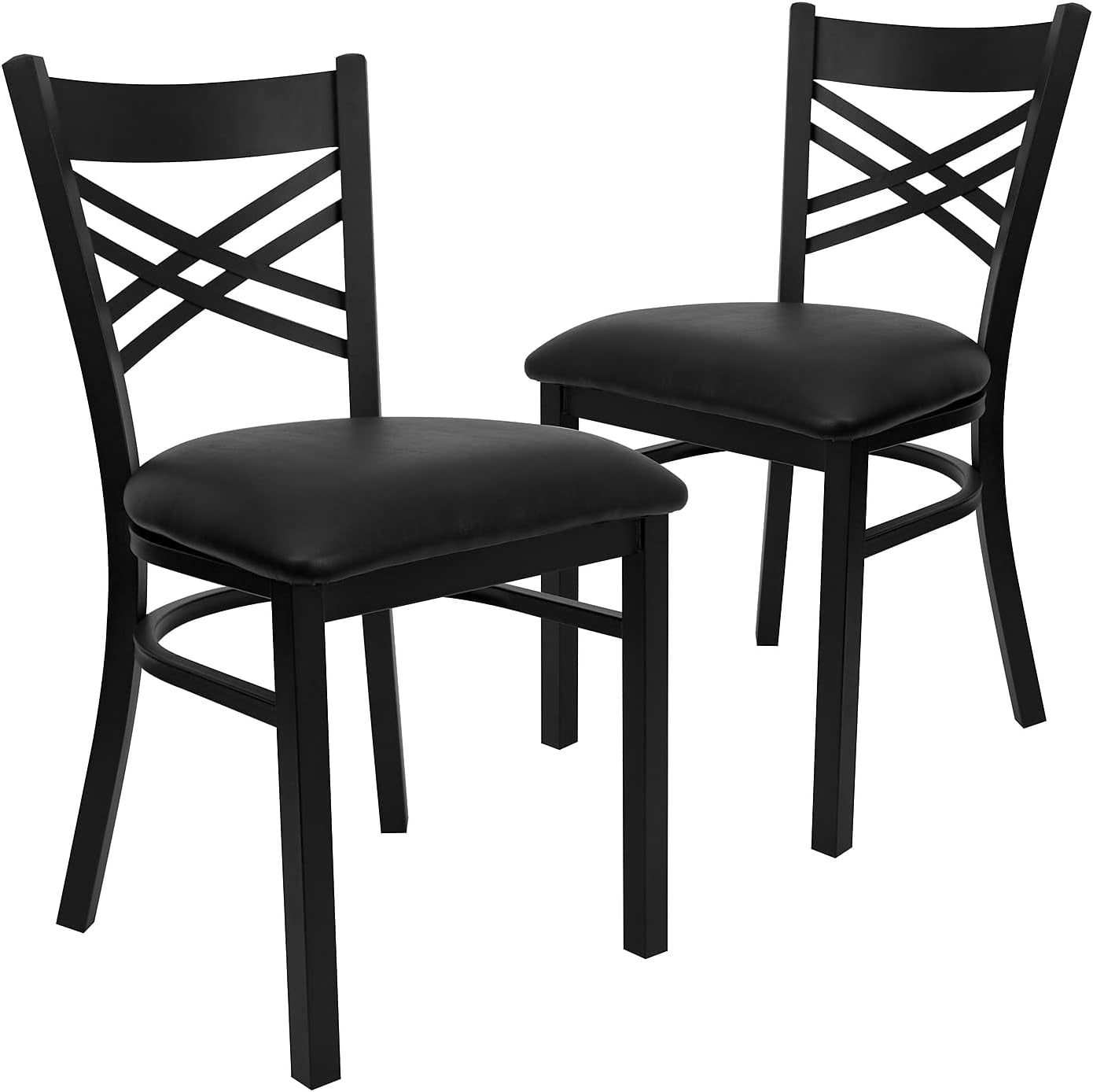 Hercules Series &quot;X&quot; Back Metal Restaurant Chairs, Modern Upholstered Armless Dining Chairs for Restaurants/Kitchens, Set of 2, Black