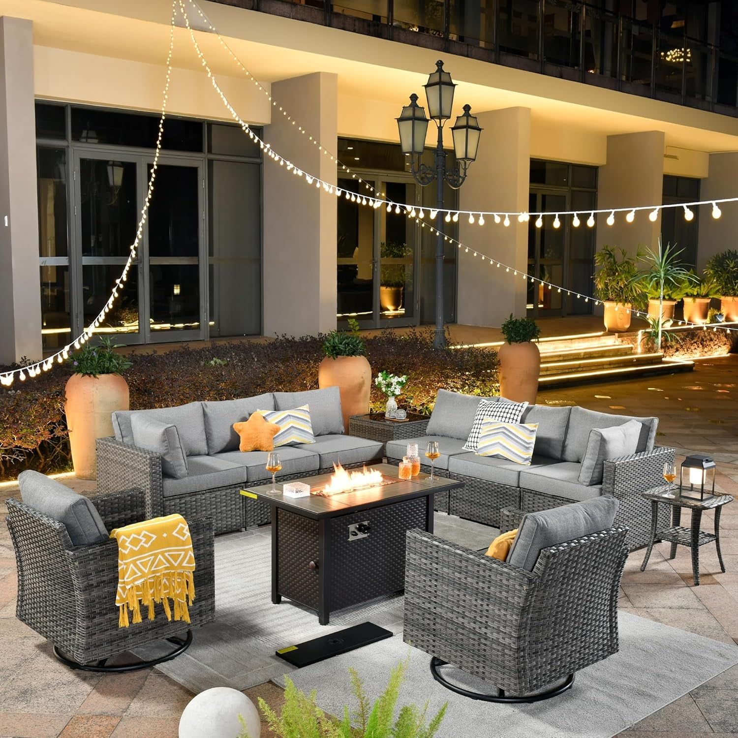 11 Piece Outdoor Patio Furniture Set with Fire Pit Table,Conversation Sectional Wicker Couch with Swivel Chairs,Modern outside Sofa for Balcony Backyard (Dark Grey)