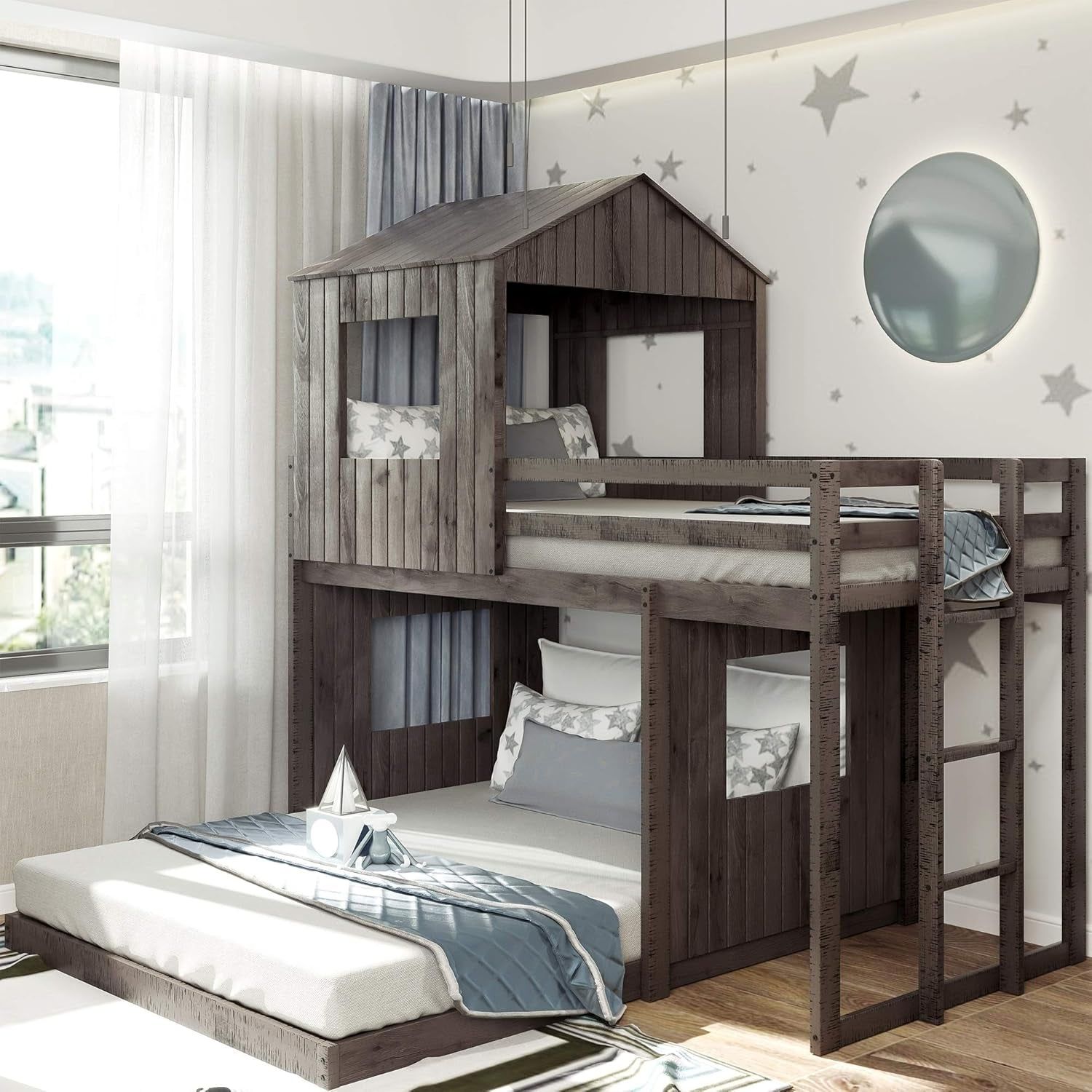 House Bunk Beds Twin over Full Size, Wood Bunk Beds with Roof and Window (Distressed Grey, Twin over Full)