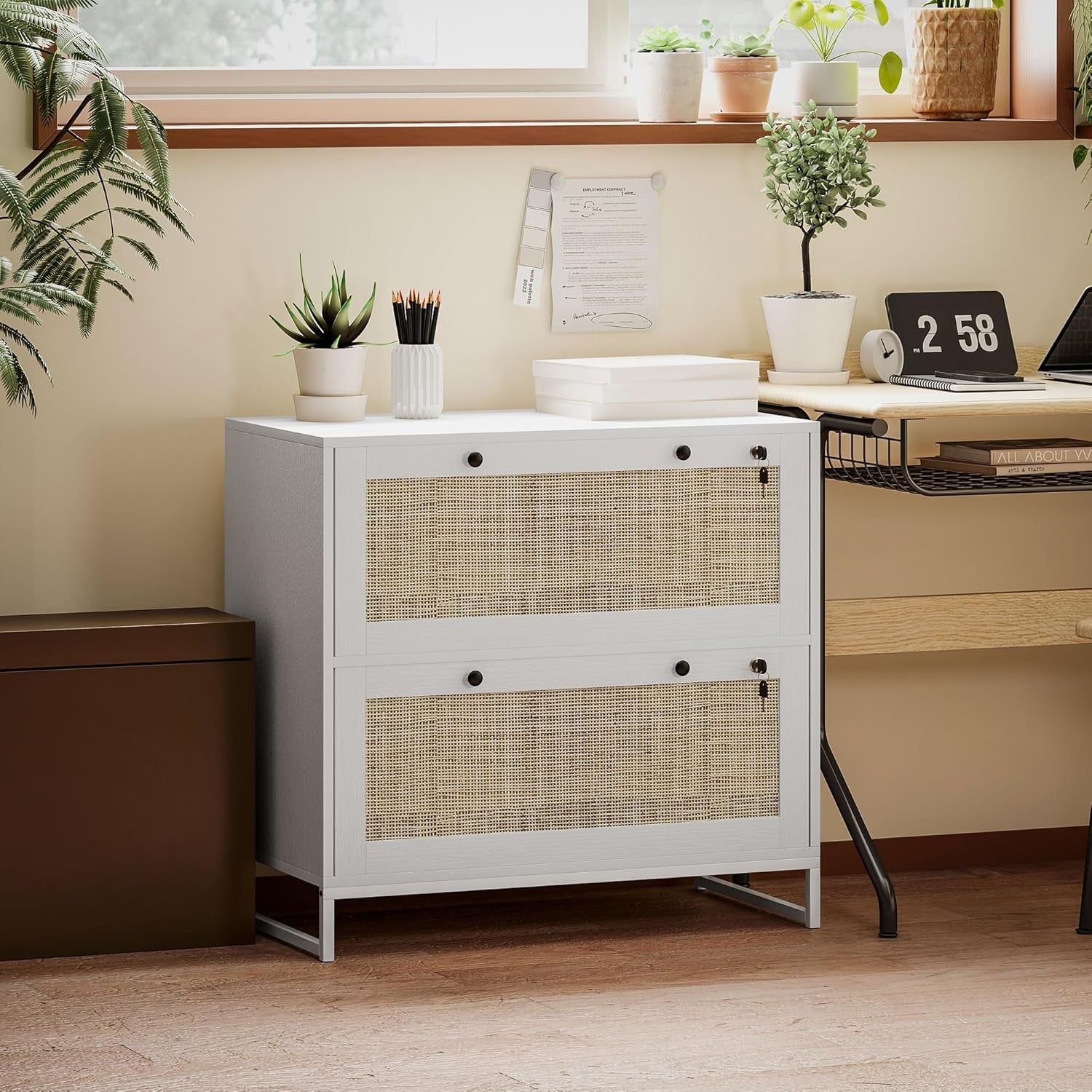 White Rattan 2 Drawer Locking File Cabinet
