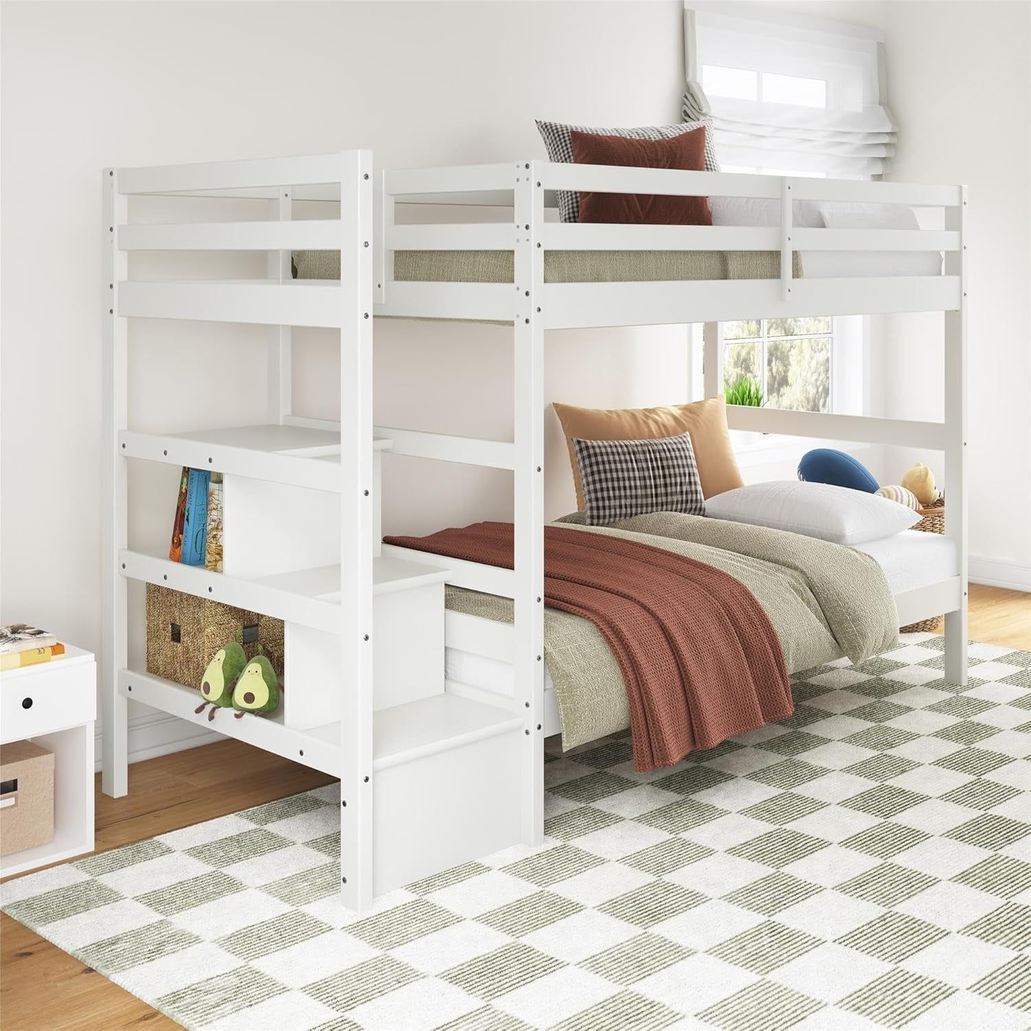 Zaire Kids&#39; Solid Wood Bunk Bed with Stairs and Storage Shelves, White