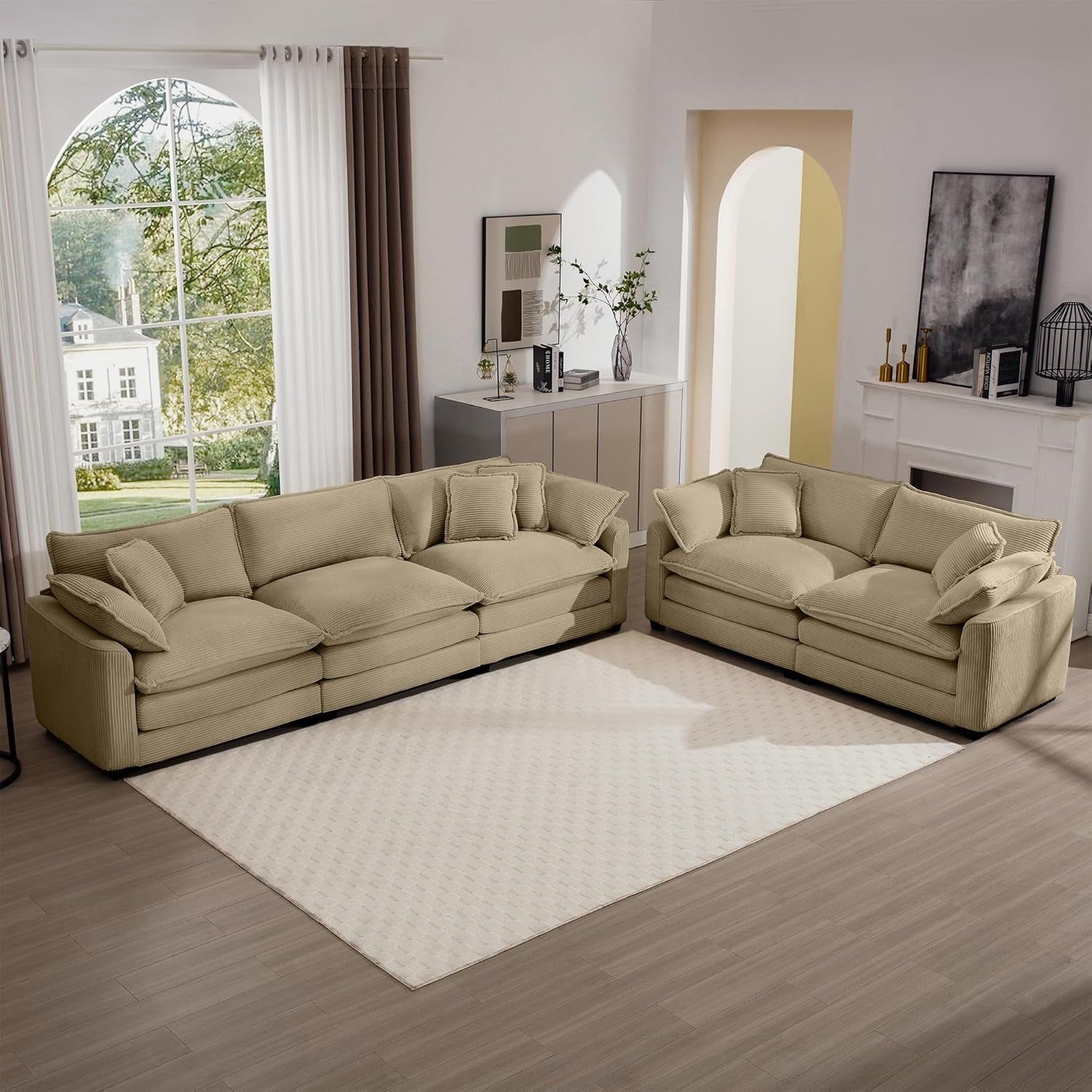 Oversized 2 Piece Sofa Set for Living Room, 3-Seater &amp; Loveseat Couch, Modular Sectional Deep Seat Corduroy Comfy Cloud Couches with 4 Armrest Pillows and 5 Toss Pillows, Camel