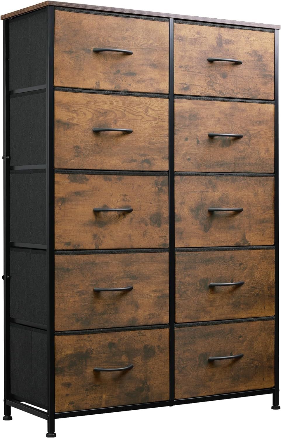 Tall Dresser for Bedroom with 10 Fabric Drawers, Organizer Units for Closet, Storage Tower with Cabinet, Metal Frame, Rustic Brown Wood Grain Print Dressers