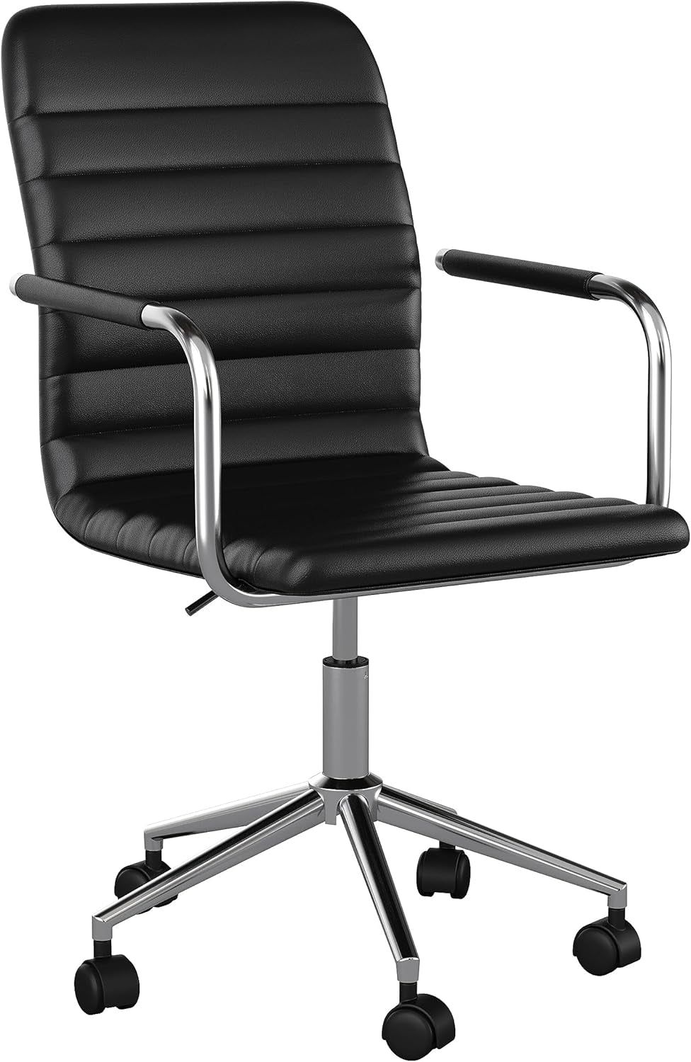 Taytum Swivel Task Chair with Armrests for Home Office in Black Faux Leather with Polished Nickel Frame