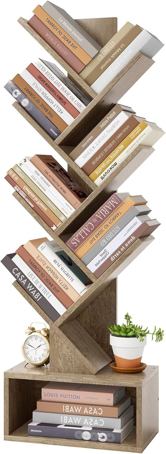 6 Tier Tree Bookshelf, Tall Bookcase with Drawer, Freestanding Book Shelf, Display Floor Standing Storage Shelf, Book Organizer Shelves for Home Office, Living Room, Bedroom, Greige