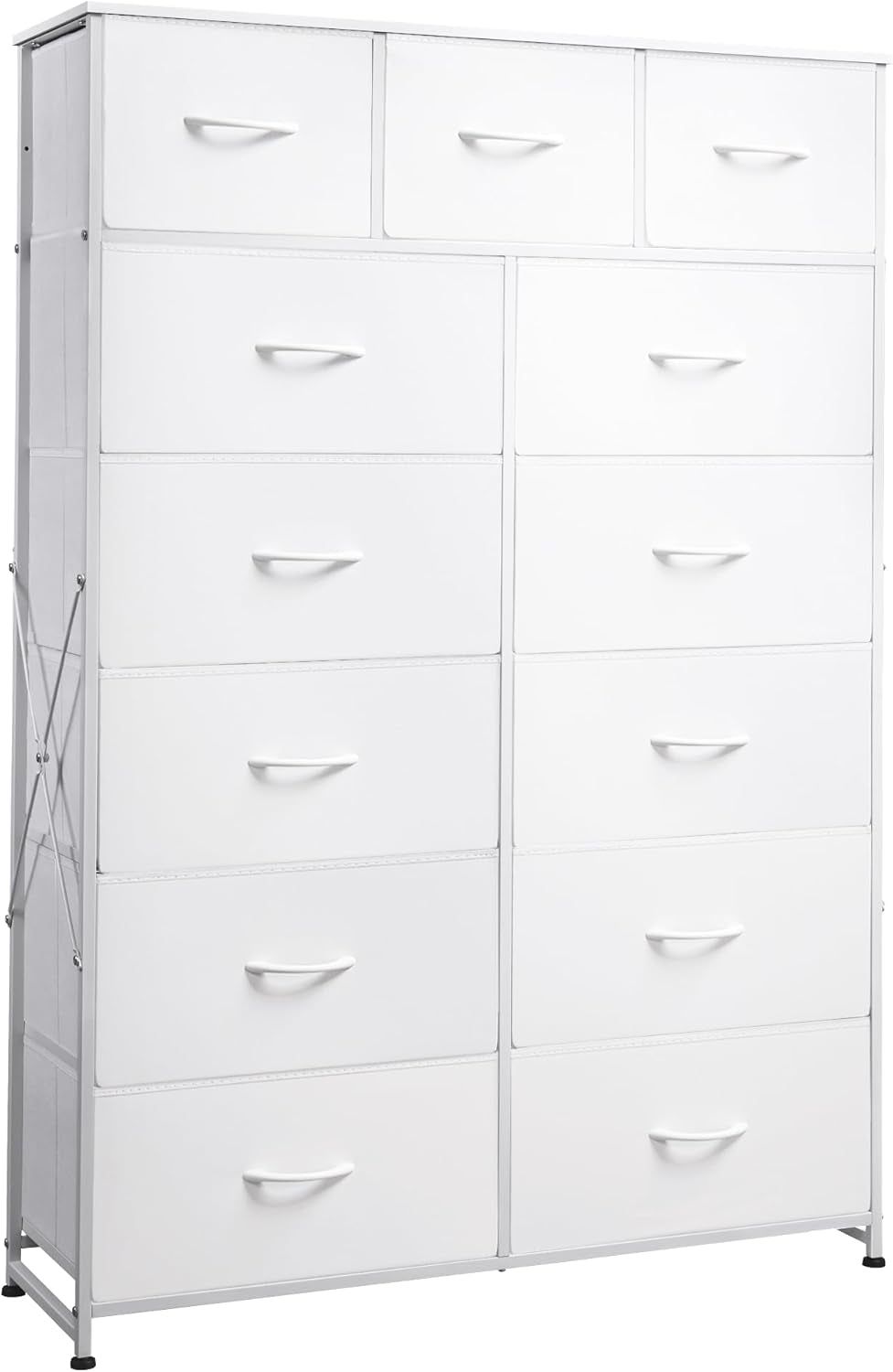 Tall Dresser for Bedroom with 13 Drawers, Storage Dresser Organizer Unit, Fabric Dresser for Bedroom, Closet, Chest of Drawers with Fabric Bins, Steel Frame, Wood Top, White