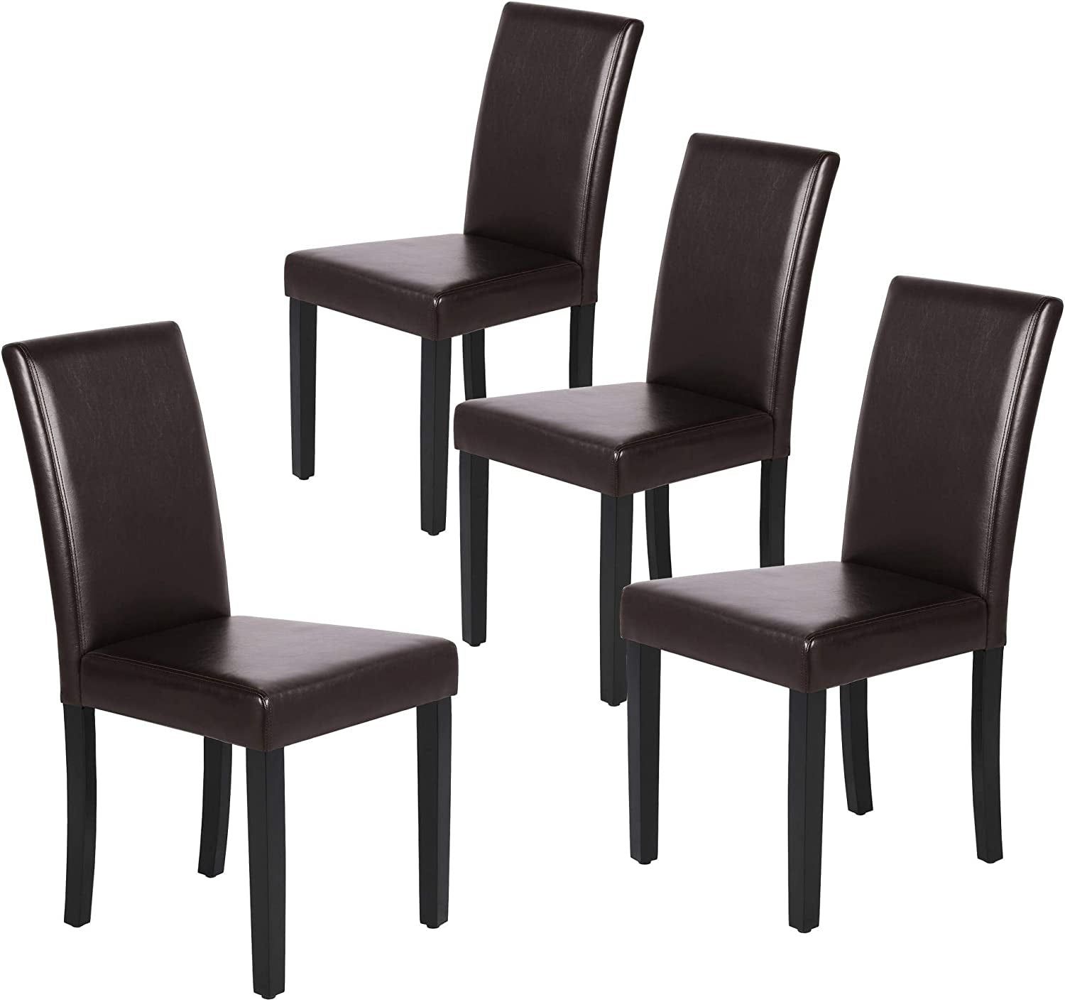 Dining Chairs Set of 4 PU Leather Dining Room Chairs with Waterproof Surface and Wood Legs for Kitchen Restaurant and Living Room, Dark Brown
