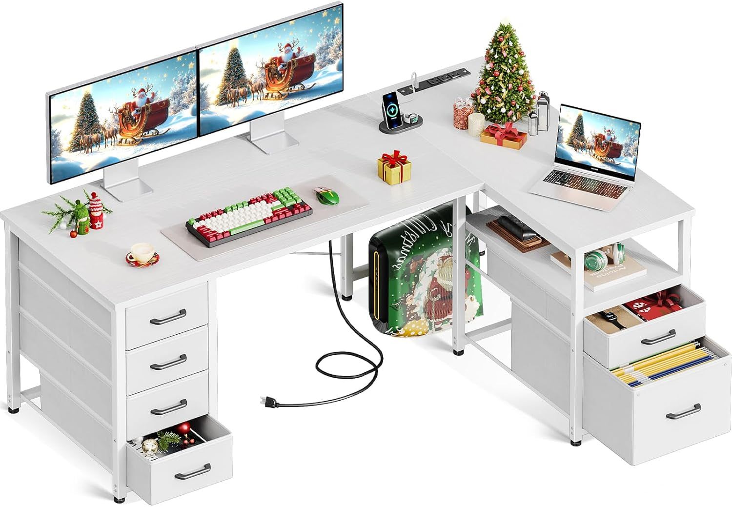 L Shaped Computer Desk with 6 Drawers &amp; Power Outlet, 55 Inch Corner Desk with Reversible Storage Shelf &amp; File Drawer, Home Office Desk, White