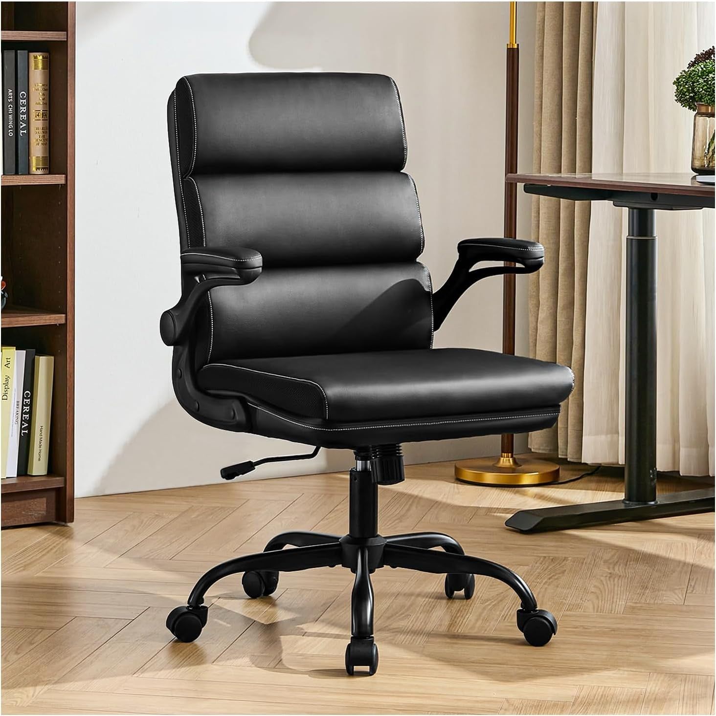Office Chair Adjustable Desk Chair Mid Back Executive Comfortable Bonded Leather Ergonomic Back Support Home Computer Chair with Padded Flip-Up Armrest Swivel Wheels (Black)