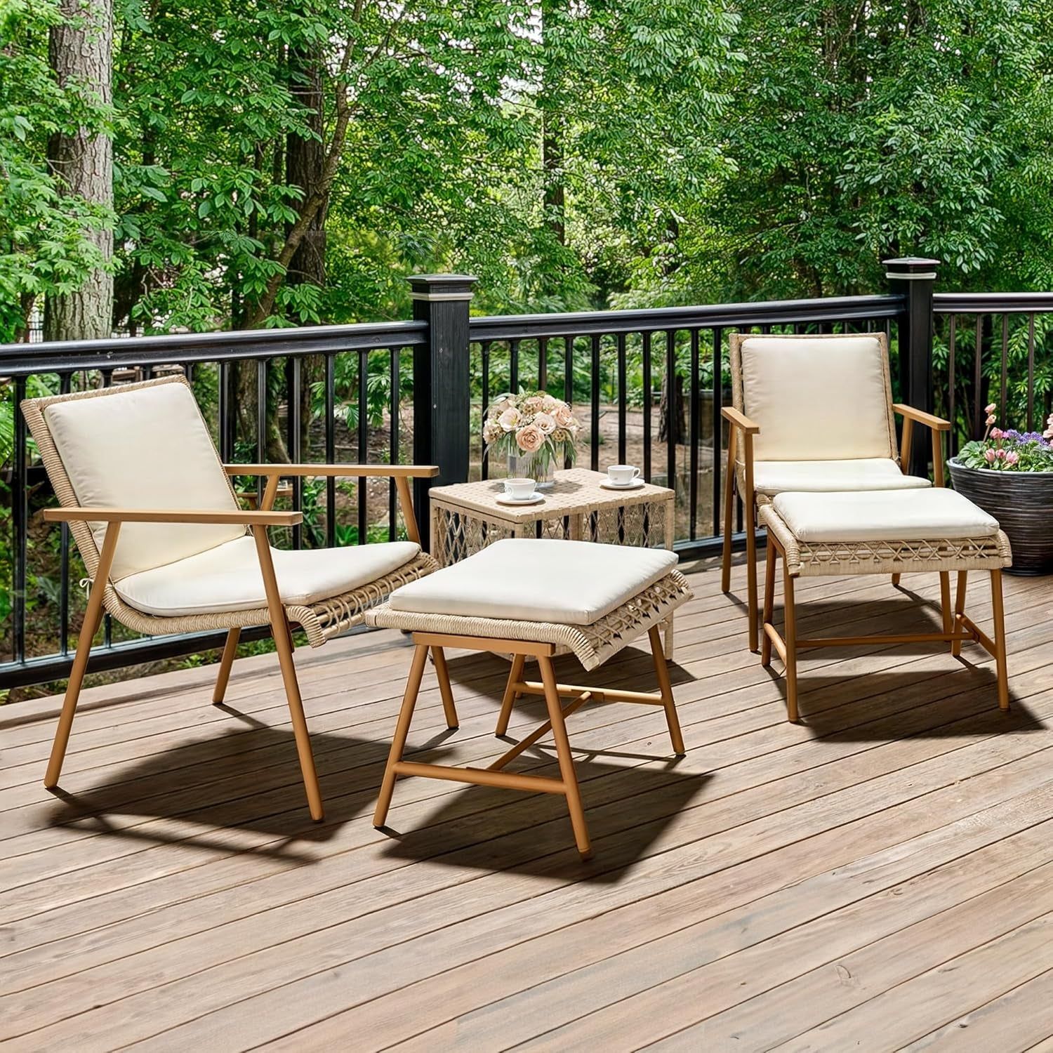 3 Pieces Conversation Bistro Set with Ottoman, All-Weather Patio Bistro Set with Footrest, Small Patio Conversation Set for Balcony Outside, Outdoor Chairs with Ottomans and Coffee Table