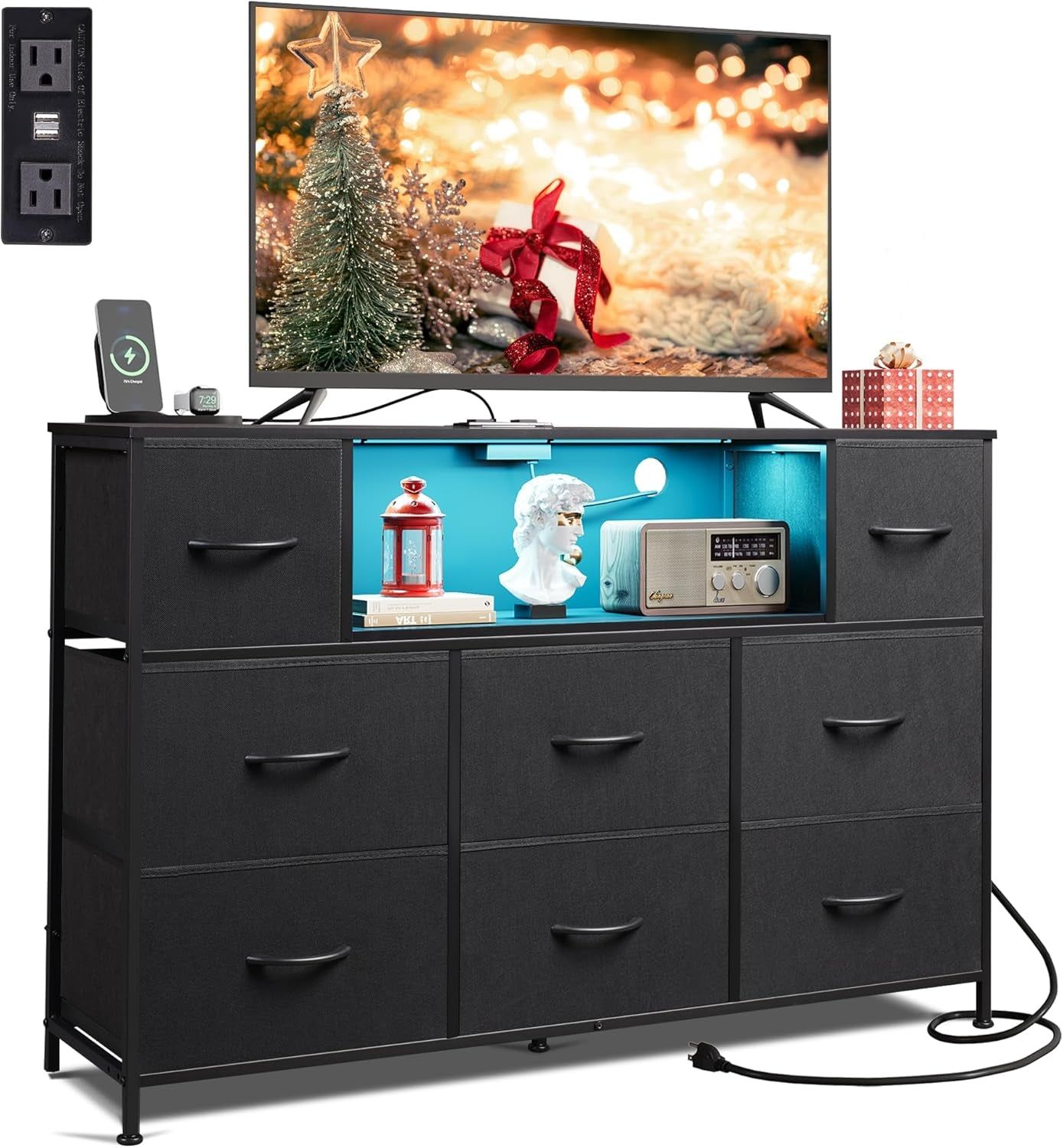 Black Dresser for Bedroom, TV Stand for Bedroom for 55 Inch TV with Charging Station and LED Lights, Fabric Chest of Drawers with Open Shelves, 8 Drawers Dressers for Living Room, Closet