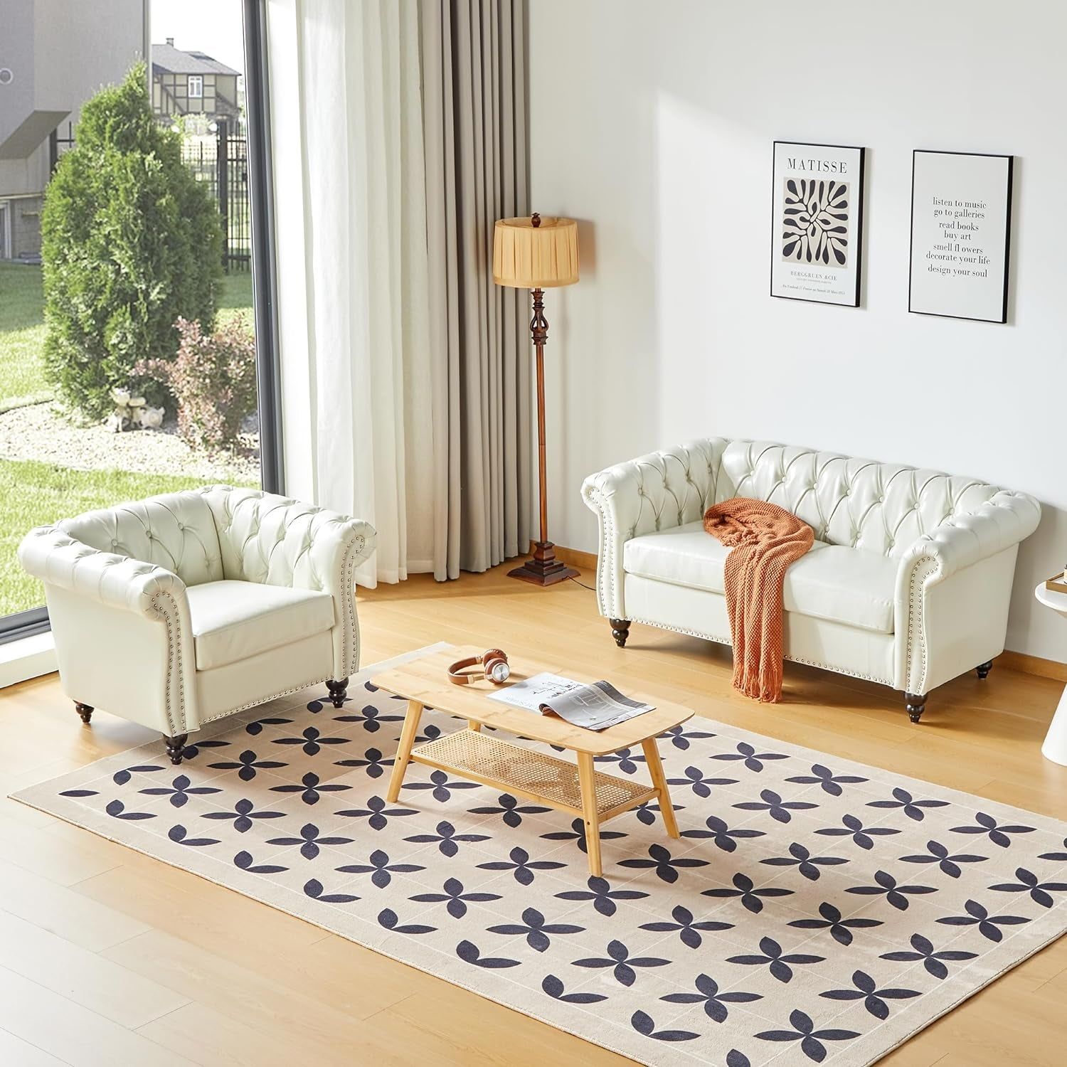 2 Piece Living Room Set, Chesterfield Faux Leather Sofa Couch Chair with Scroll Arms and Nailhead for Living Room, Office (White)