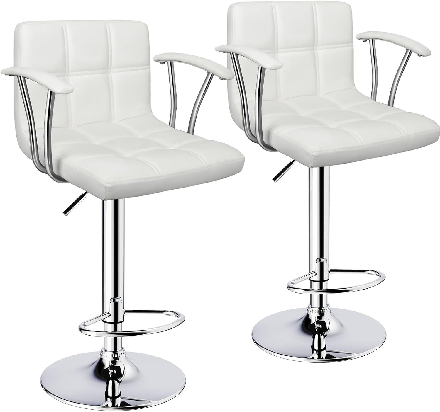 Bar Stools Set of 2,Armrest Adjustable Swivel Barstools with Back,Double Needle PU Leather Counter Height Bar Stools for Kitchen Island, White