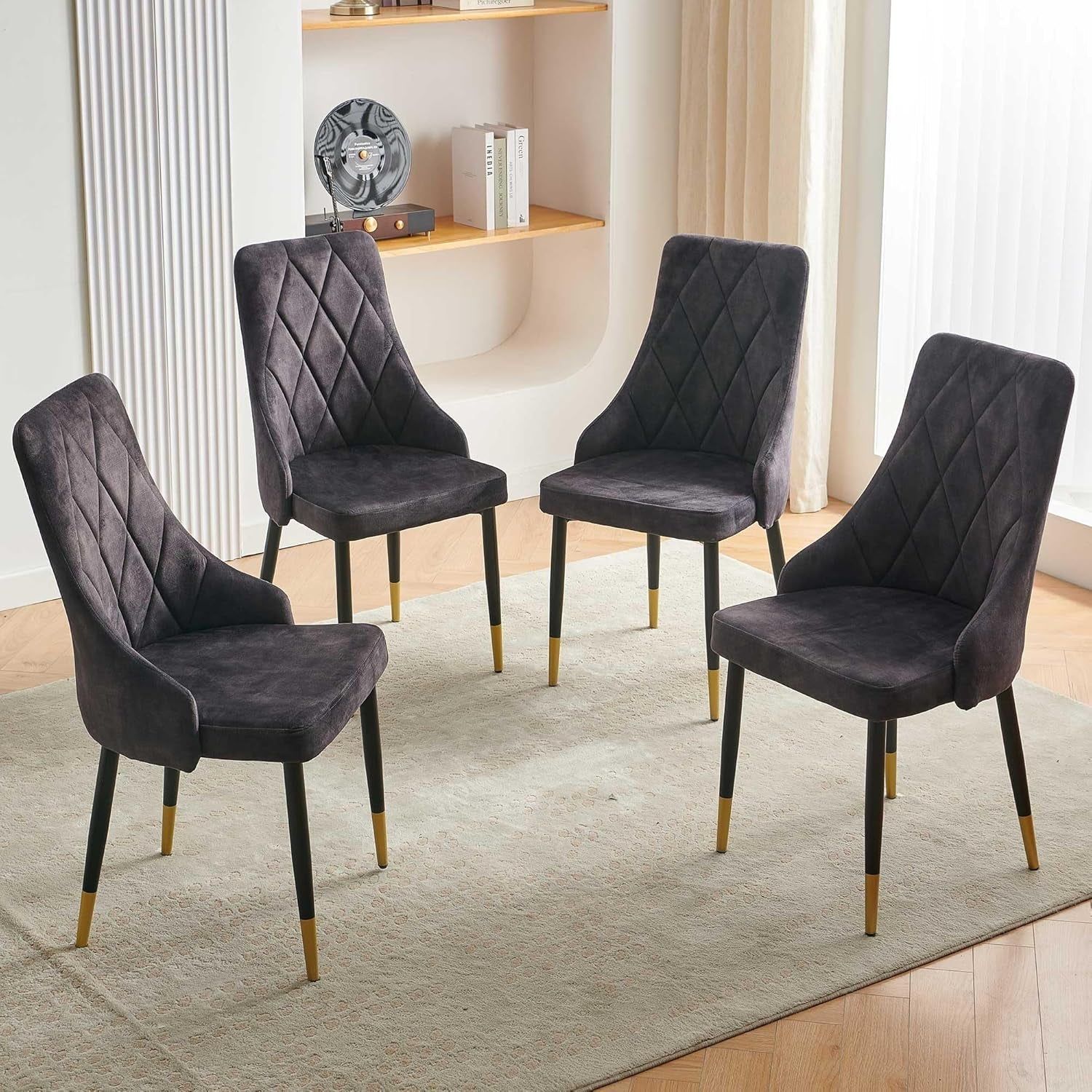 Upholstered Velvet Dining Chair Set of 4, Smoky Gray Armless Side Chair with Metal Legs for Home Kitchen