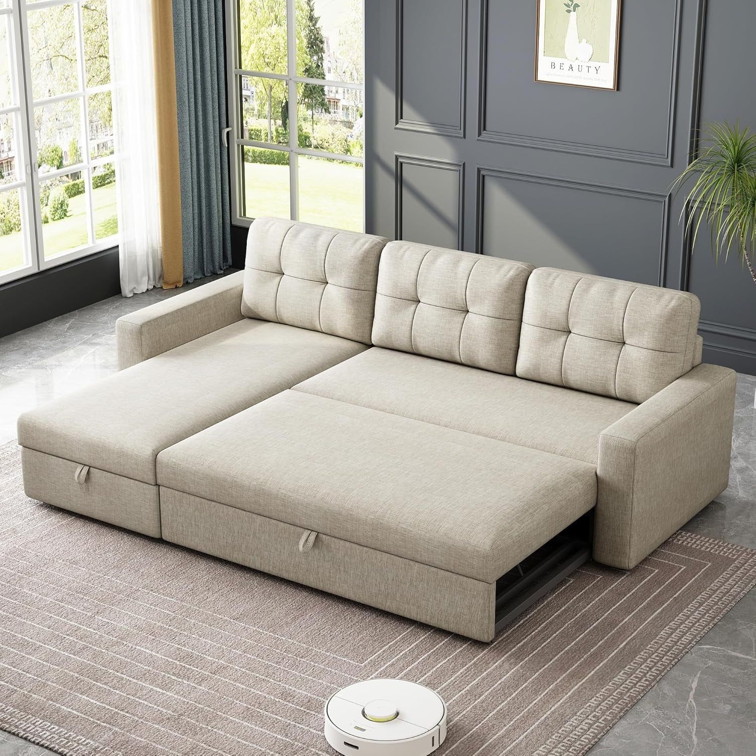 Dark Grey Sectional Sofa Bed L-Shaped, 81.5&quot;, Storage