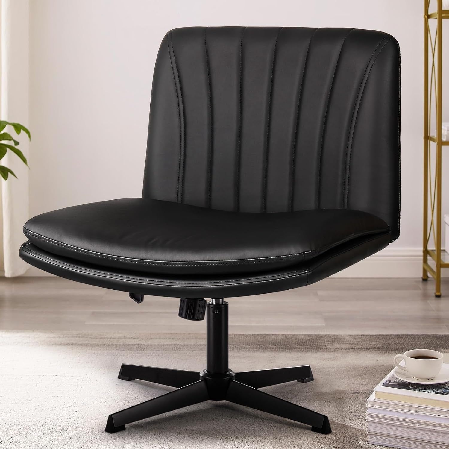 Criss Cross Legged Office Chair,Armless Office Desk Chair No Wheels,Pu Leather Modern Swivel Vanity Chair,Height Adjustable Wide Seat Mid Back Computer Task Chair for Home Office
