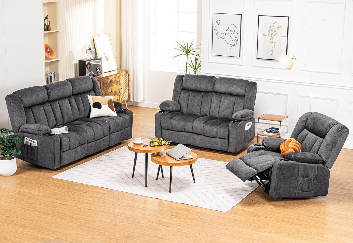 Manual Recliner Chair Set，Fabric Reclining Sofa Chair with Cup Holders, Upholstered Recliner with Side Pockets Suitable for Living Room Furniture (3+2+1)