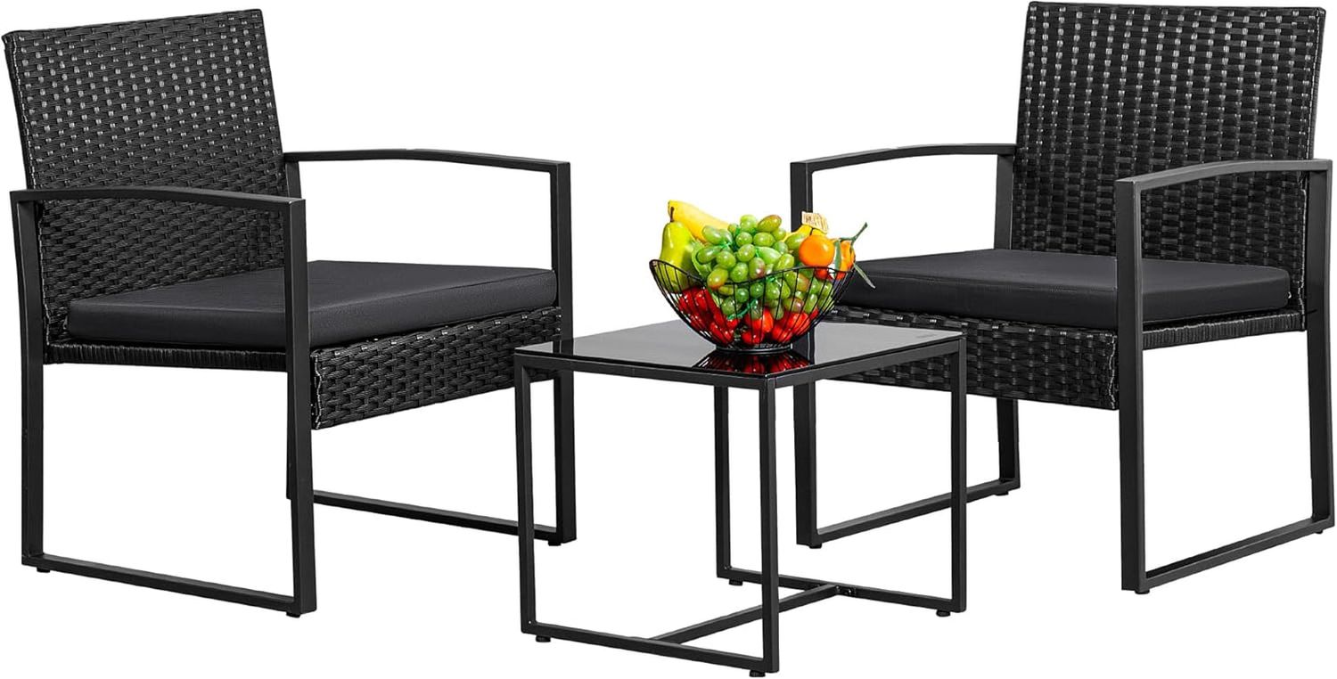 3 Piece Wicker Conversation Bistro Sets Outdoor Patio Set Modern Rattan Chair Furniture Sets with Coffee Table for Yard Garden Porch Lawn (Black)