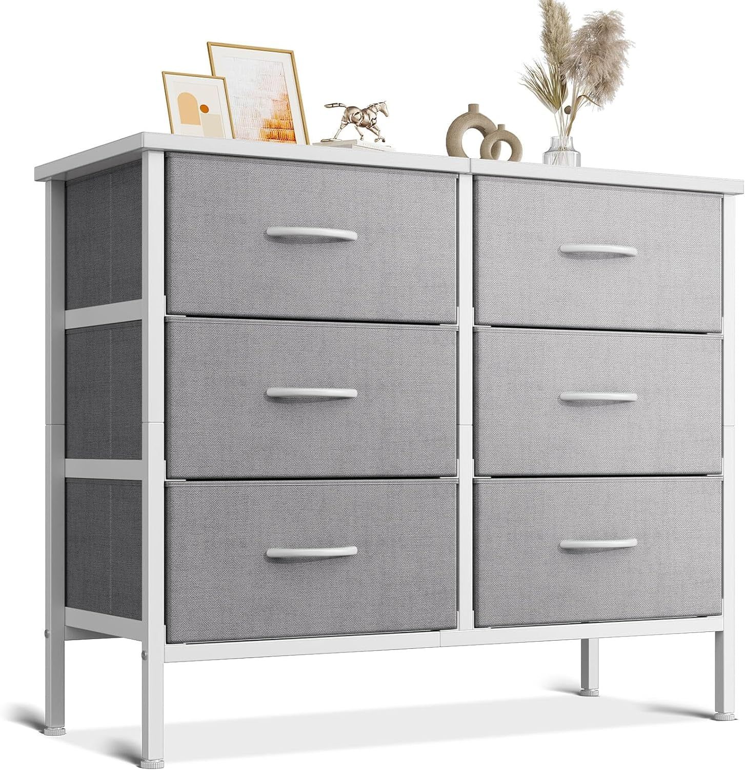 Dresser for Bedroom Dresser TV Stand with 6 Storage Drawers, Small Fabric Dresser Chest of Drawers for Closet Organizer Clothes, White and Light Grey
