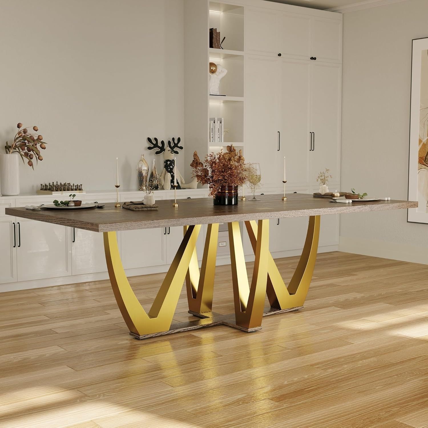 94 Inch Wood Dining Table for 6-10, Modern Farmhouse Rectangular Kitchen Table with Brushed Gold Base, Large Walnut Dining Room Table(Brown)