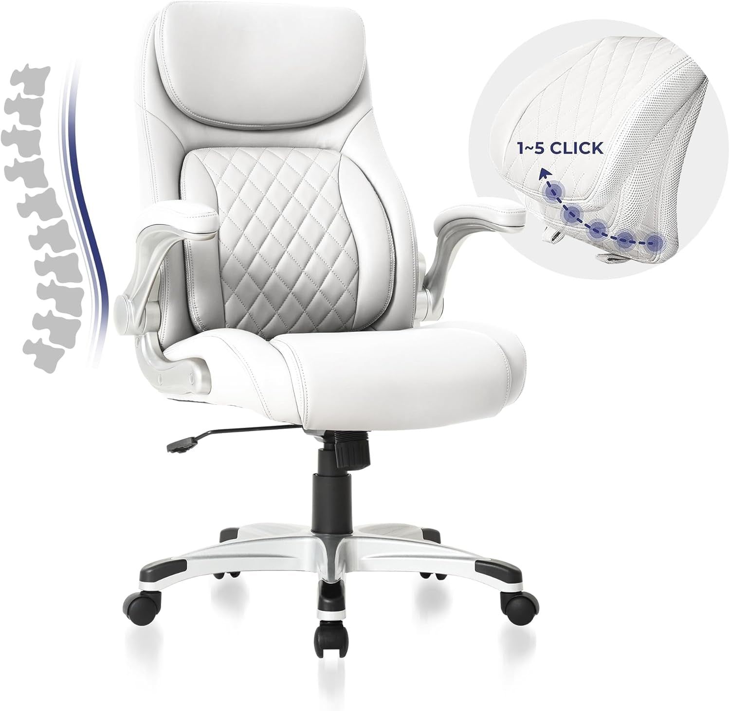 Ergonomic Office Chair Premium Microfiber Leather Adjustable Lumbar Support &amp; Armrests, High Back Comfy Desk Gaming Chairs Executive Computer Swivel Chair Tilt Function(Posture,White)