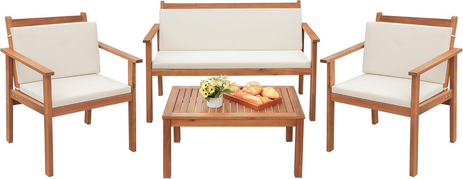4 Piece Patio Bistro Set Patio Furniture Outdoor Chat Table Chair Set with Water Resistant Cushions and Coffee Table for Beach Backyard Garden,Acacia Wood