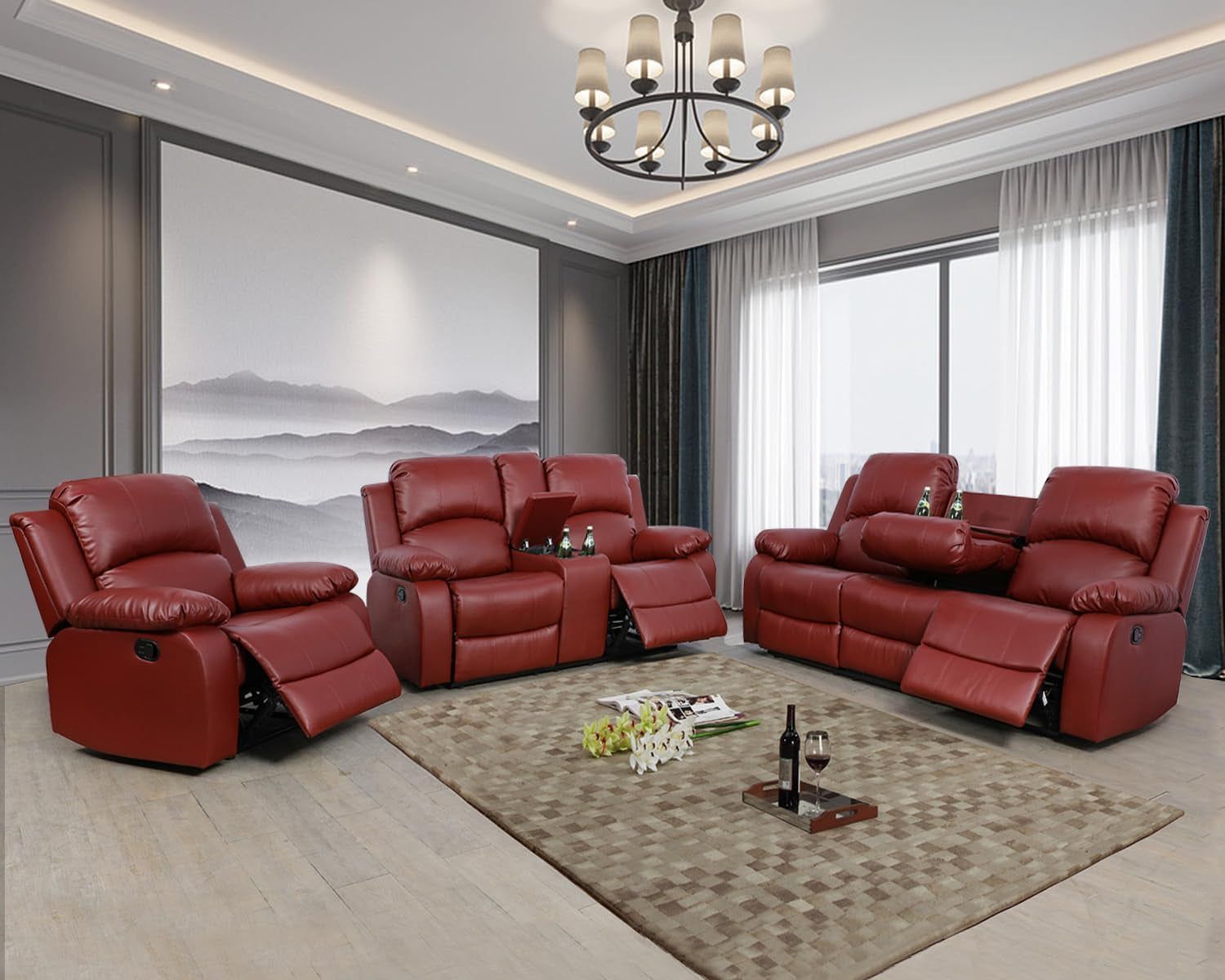 Manual Recliner Sofa Set, Bonded Leather Sofa Set Living Room Furniture, Reclining Sofa Set Leather Recliner Couch with Cup Holder/Storage Console for Living Room (3 Pieces Couch Set, Red)