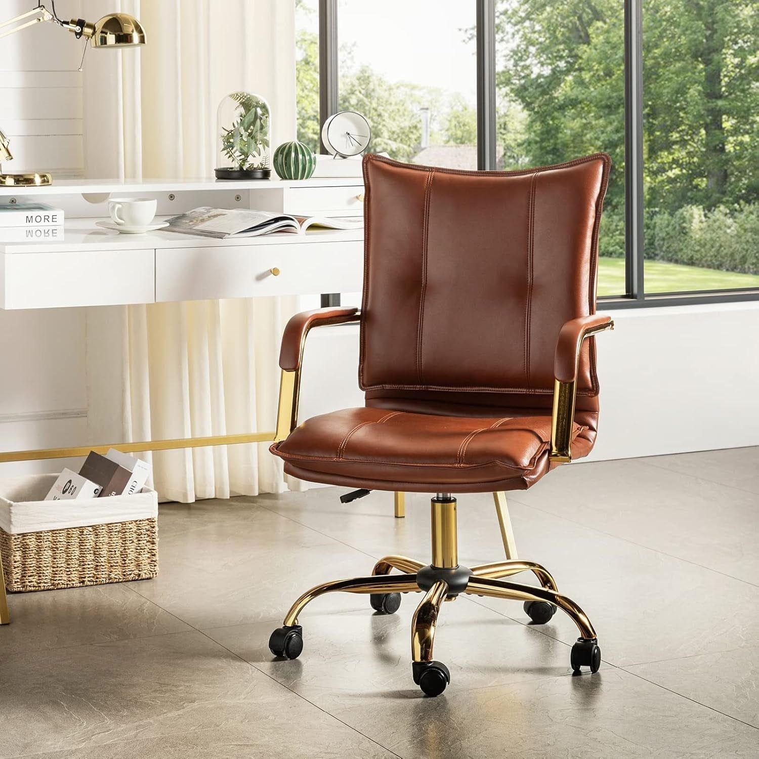 Faux Leather Home Office Desk Chair, Adjustable Swivel Computer Chair with Golden Legs and Arms, Comfy Upholstered Task Chair, Brown