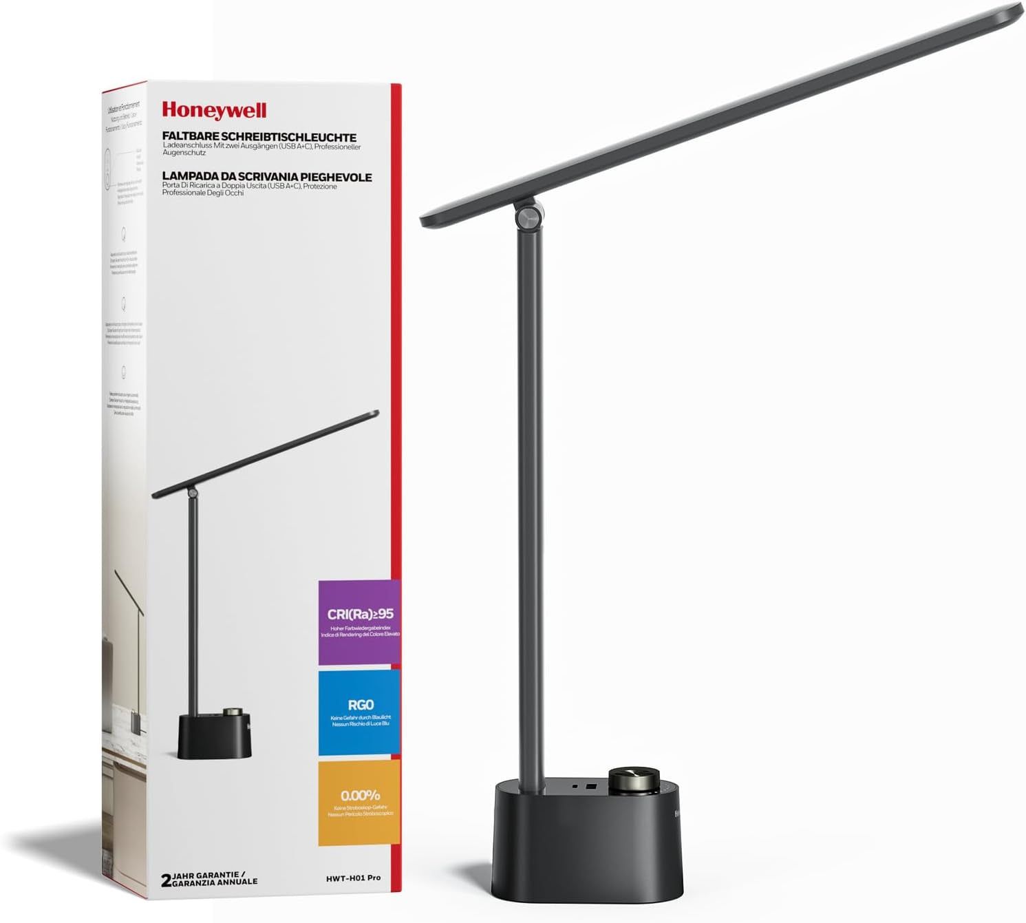 Upgraded LED Desk Lamp - H01 Pro Sunturalux™ Foldable Desk Light with USB A+C Charging Ports, 3 Color Modes Dimmable Table Lamp for Home Office Reading(Black)