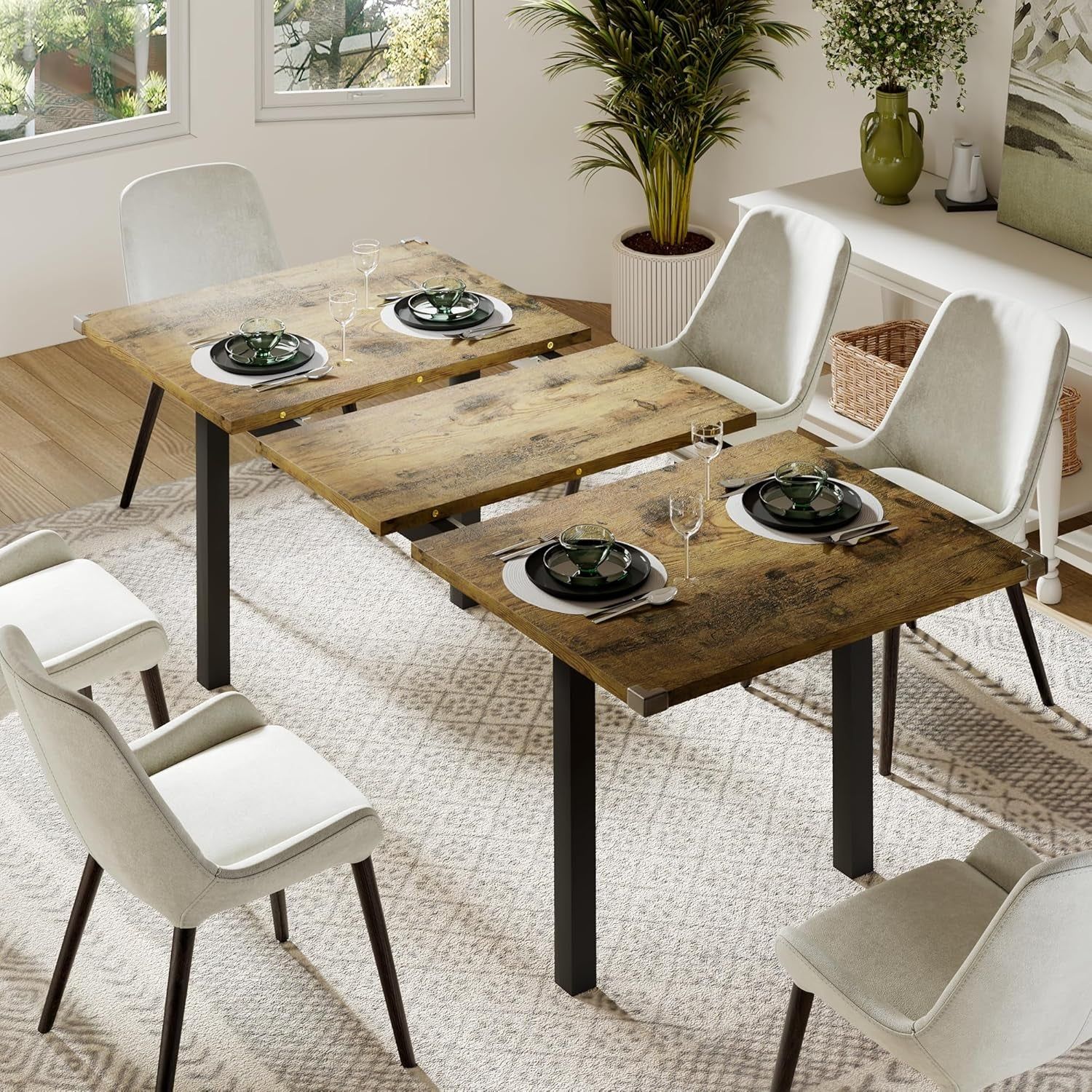63&quot; Extendable Dining Table, Modern Farmhouse Dining Room Table for 4-8, Wooden Kitchen Table for Small Space, Dining Room, Home Office, Living Room Furniture, Rustic Brown
