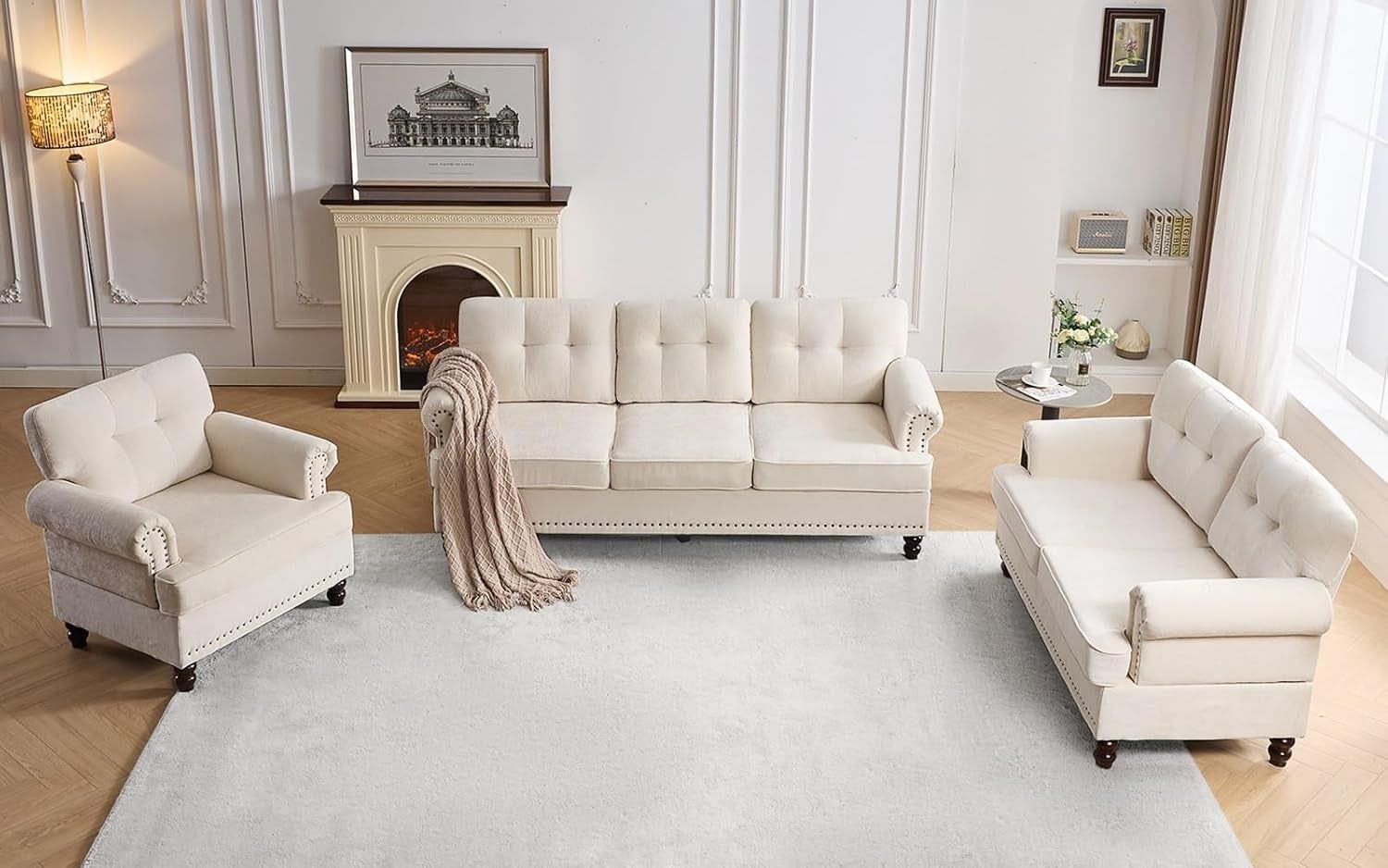 Tufted Sofa Set for Living Room, Including 3 Seater Couch, Loveseat Sofa, and Living Room Chairs with Rivets, Rolled Arms, and Solid Wood Legs, Couches for Living Room, Bedroom, Office, Biege