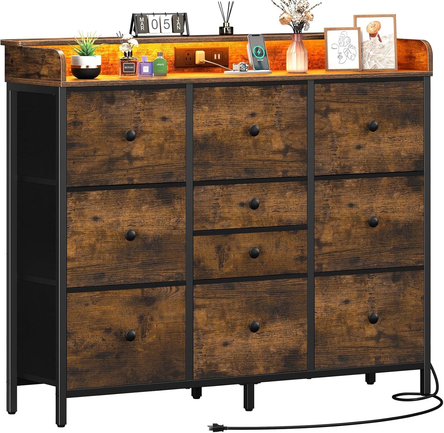 Dresser for Bedroom with Charging Station and LED Lights, Tall Dresser TV Stand with 10 Storage Drawers,Fabric Dressers &amp; Chests of Drawers,Wood Dresser for Bedroom Closet Organizer,Brown