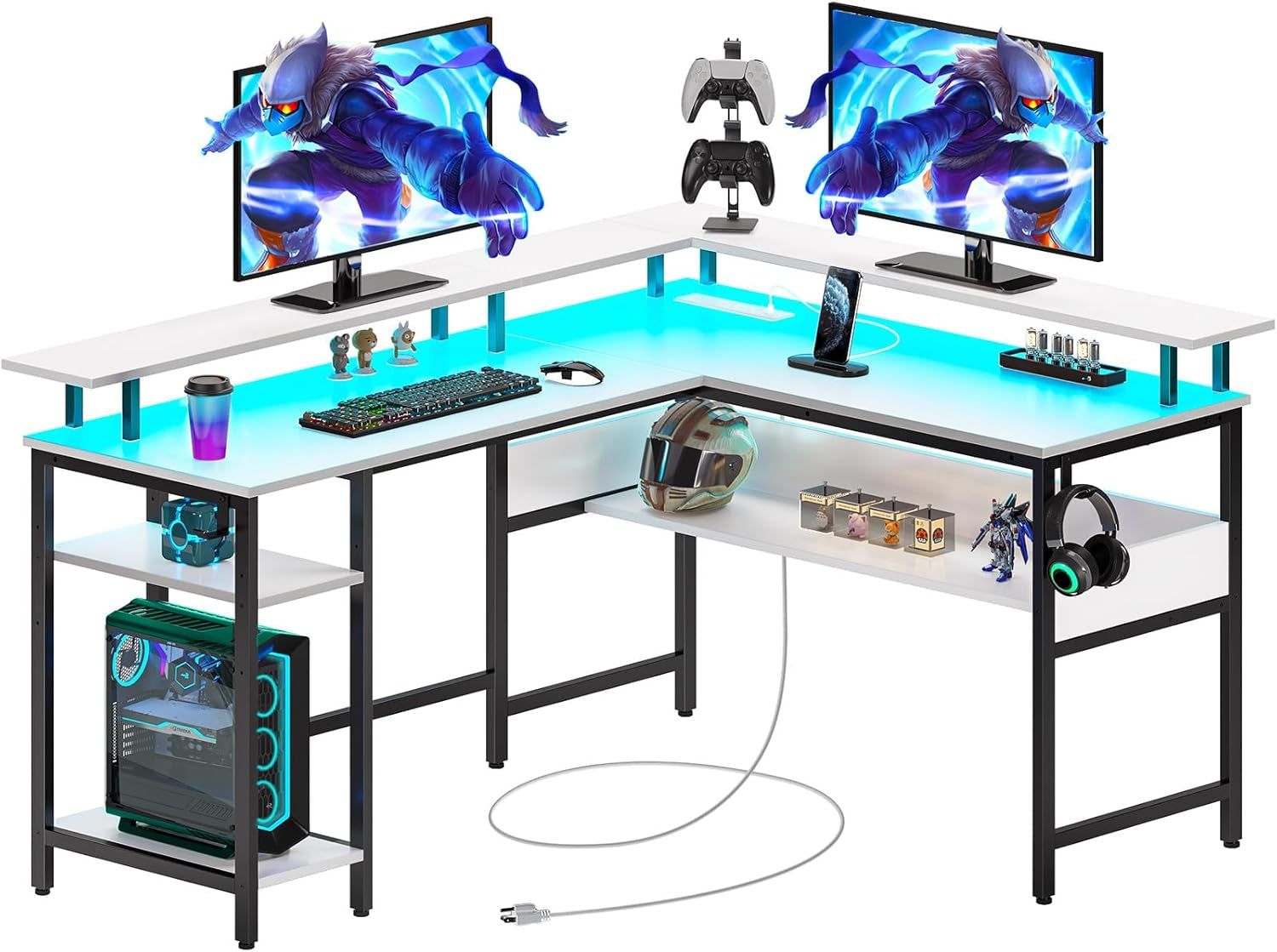 Computer Desk L Shaped 56.7&quot; with LED Lights and Power Outlets, Reversible L Shaped Gaming Desk with Monitor Stand, Home Office Desk with Storage, Desk with USB Port and Hook, White