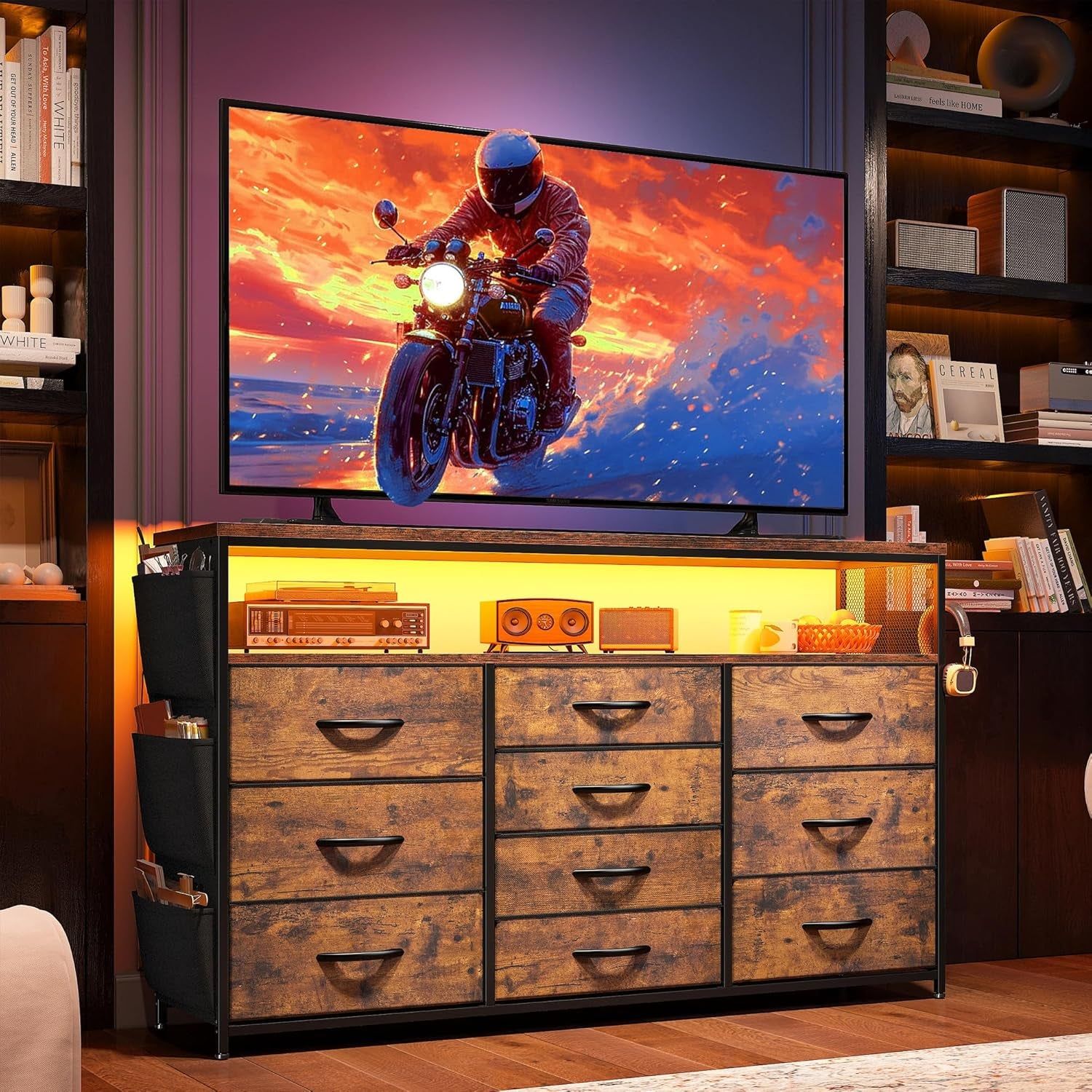 Dresser TV Stand with 10 Drawers for 55&quot; TV Stand for Bedroom with LED Lights &amp; Power Outlets Wide Dresser for Bedroom with Shelves &amp; Side Pockets Sturdy Metal Frame &amp; Wood Top, Rustic Brown