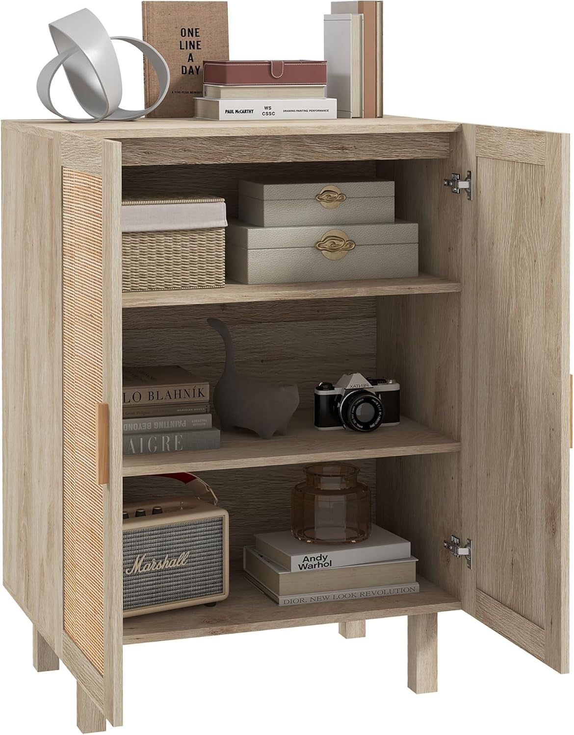 Sideboard Buffet Cabinet, Kitchen Cabinet, Coffee Bar Cabinet with 2 Rattan Doors and Adjustable Shelves, Natural