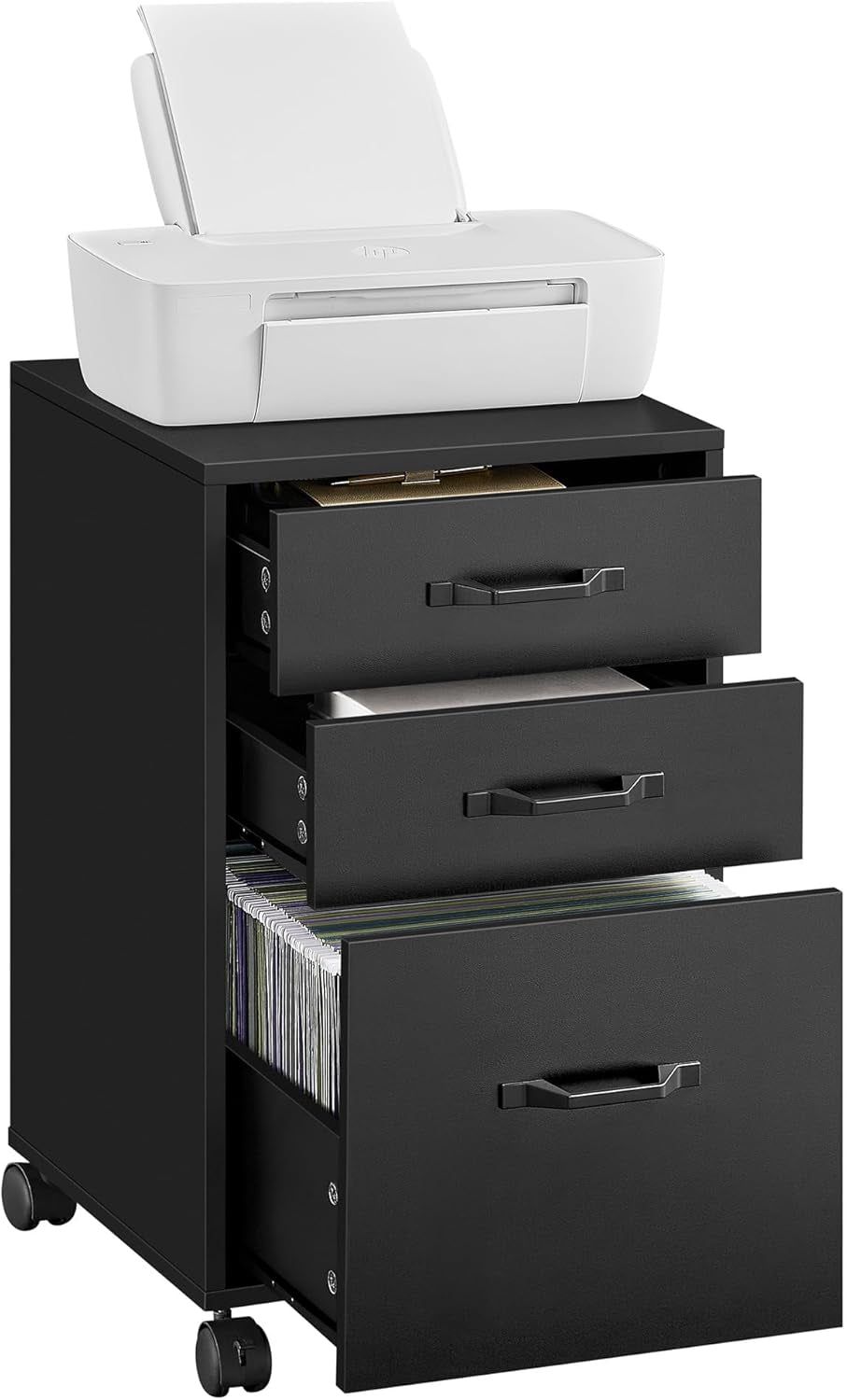 File Cabinet, 3 Drawers Filing Cabinet for Home Office, with Wheels, for A4, Letter Sized Documents, Hanging File Folders, Ink Black UOFC065B16