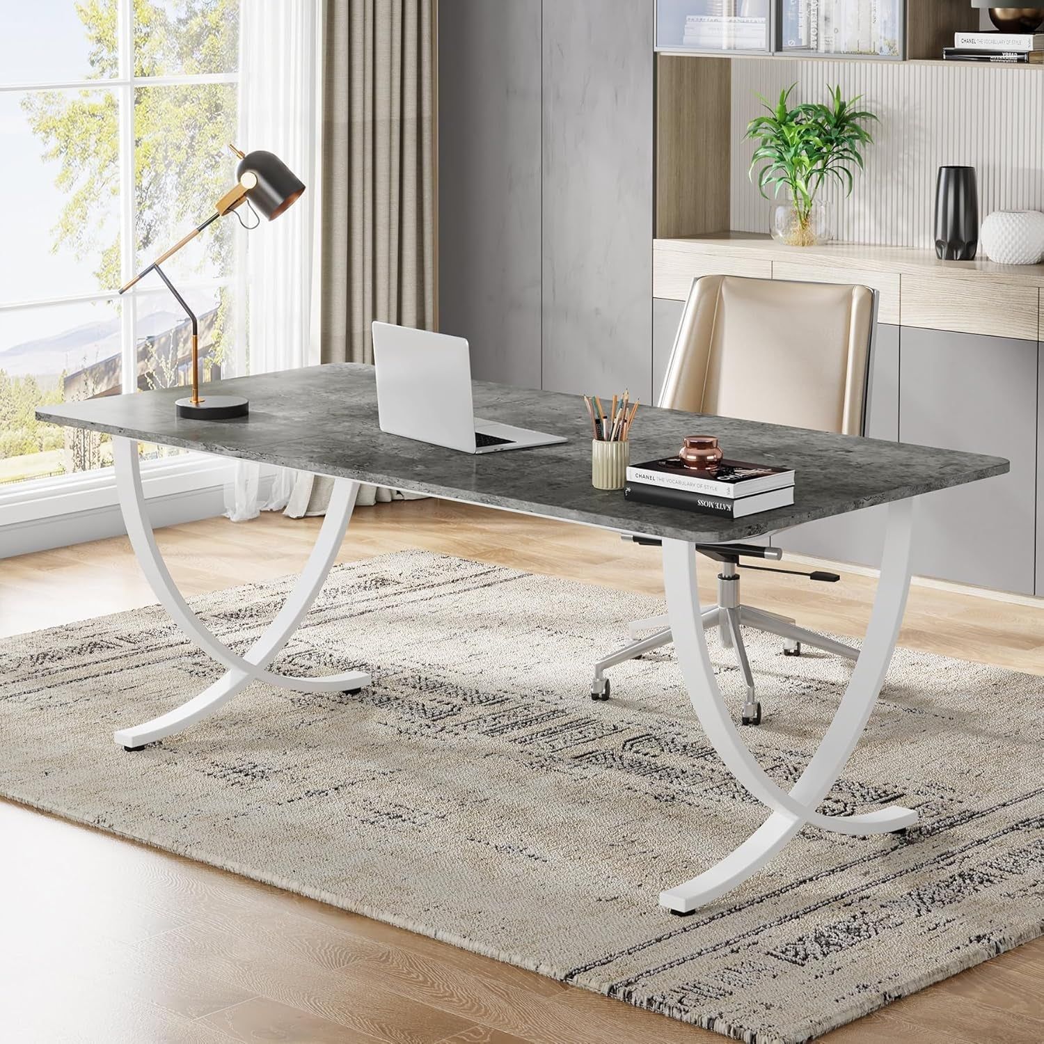 Executive Desk, 63” W X 31.5” D Large Office Desk, Modern Computer Desk Conference Table Meeting Room Table, Business Furniture for Home Office, Gray and White