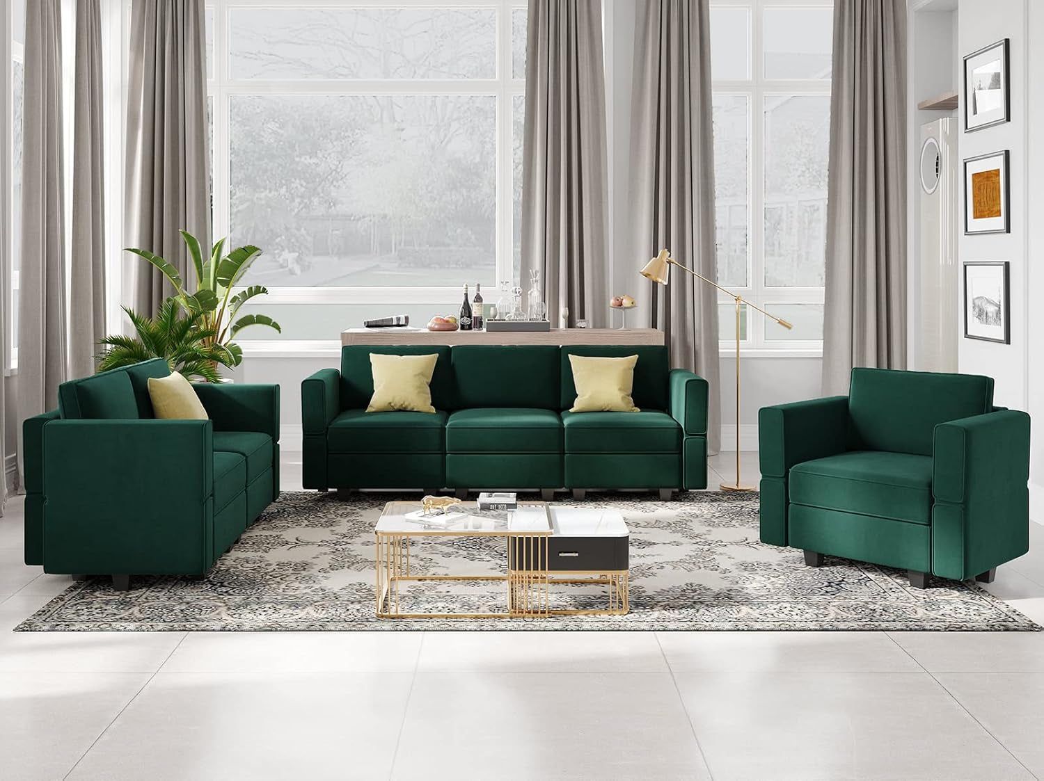 Modular Living Room Sofa Set 3 Seat Sofa Loveseat and Chair Set with Storage Seats Modular Living Room Furniture Set Velvet Green