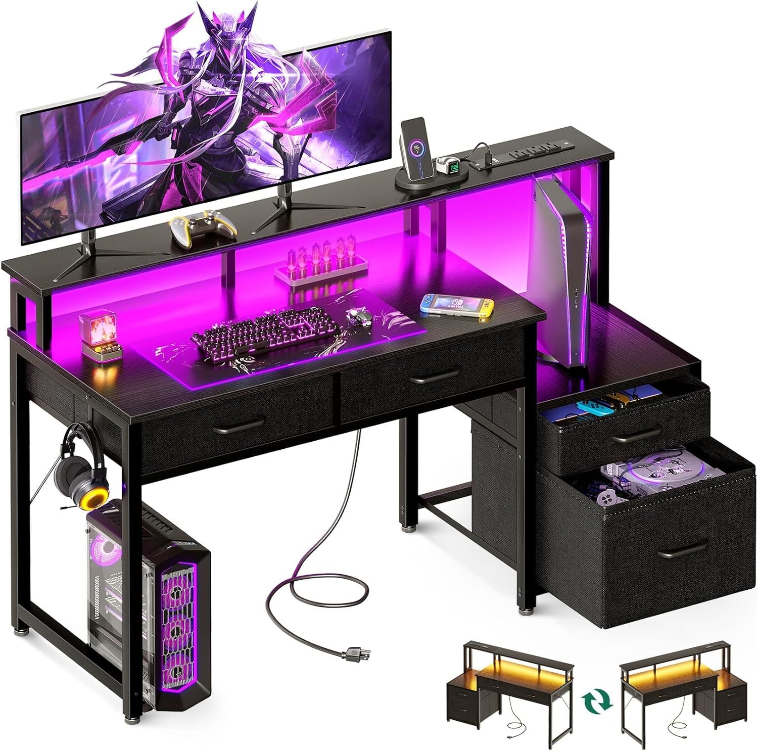 48-Inch Computer Desk with Power Outlets and LED Lights, Gaming Desk with 4 Fabric Drawers, Reversible Office Desk with Monitor Stand, Writing/Study Table for Home, Black